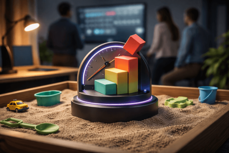 A photorealistic medium-wide cinematic shot, camera positioned approximately 1–2 meters from the subject, capturing a tactile, physically plausible 3D-printed isometric "engagement meter" desktop sculpture (real-world hero object, ~30 cm) clearly readable within a realistic environment. The sculpture is a polished matte-black circular base with a brushed-aluminum analog gauge and needle, a compact rotating platform of stacked isometric blocks in corporate-friendly colors (muted cyan, warm amber, soft lime), and one bright red block subtly tipped and partially ejected to represent "rejection" — all sculpted as real materials (matte plastic, metal, painted resin) and intentionally free of any text or labels. The object integrates subtle electric-purple accents (#7B63FF) as a thin LED halo around the gauge and delicate edge-lighting on one block to indicate activity without overpowering realism. Set in a lived-in tech war-room playcorner: a shallow natural-wood children's sandbox with fine, realistic sand where the sculpture sits centered, surrounded by scattered realistic plastic toys (small shovel, bucket, toy car) placed naturally at the sand edge. In the background, three diverse professionals in smart-casual attire stand and sit, candid and slightly blurred, monitoring a wall-mounted dashboard (out-of-focus) — humans are secondary to the object. Lighting is low-key and practical: a warm desk lamp from the left, a soft integrated white spotlight from above-side gently revealing form, texture and sand grains, plus a restrained electric-purple rim light for Tech-Noir accent. Cinematic realism: medium-wide framing, 35mm photographic look, slight low angle, aperture ~f/2.8 for shallow-to-medium depth of field, natural bokeh, ultra-detailed textures (fine sand, brushed metal, matte plastic, wood grain), realistic skin tones and fabrics, premium materials, subtle specular highlights and soft directional shadows. Color palette: neutral corporate tones (charcoal, sand beige, warm wood) with restrained neon accents (electric purple #7B63FF, selective cyan and amber). No captions, no text, no logos, no watermarks, no floating or glowing logos; object must remain physically plausible and legible at 1–2 meters. Cinematic realism, natural depth of field, premium materials, ultra-detailed, 8K.