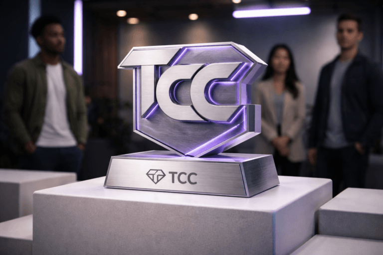 A photorealistic medium-wide cinematic shot, camera positioned approximately 1–2 meters from the subject, capturing a physical sculpted 3D isometric TCC brand trophy — a real-world, instantly recognizable polished brushed-aluminum and layered matte-acrylic sculpture formed as the official TCC logotype, with the official logo integrated realistically as a metal inlay/engraving on the front face and a subtle electric-purple (#7B63FF) thin backlight between acrylic layers to indicate activity, clearly readable within a realistic environment. The object integrates subtle electric-purple accents indicating intelligence or activity without overpowering realism. Set on a pristine white winners' podium (centered on the 1st-place platform, with slightly lower 2nd and 3rd platforms visible and softly out of focus) in a modern award-stage room reinterpreted as a Tech‑Noir corporate setting; natural human presence: three diverse, professional-looking students/young professionals in the mid-background and periphery, candid posture and neutral expressions, secondary to the trophy and slightly shallow-focus. Lighting is low-key and practical — soft stage practicals and architectural LEDs, complemented by a soft integrated white spotlight from above-left that gently reveals form, texture, and depth, with restrained rim lighting to accent edges and a faint controlled purple accent on select surfaces (no excessive glow). Camera: 35mm/50mm photographic look, medium-wide framing, shallow-to-medium depth of field, trophy sharply in focus with creamy bokeh background; materials: premium brushed metal and semi-translucent matte acrylic, subtle surface imperfections for realism. Color palette: neutral corporate tones (cool grays, off-white, charcoal) with restrained neon electric purple #7B63FF accents and warm practical highlights. No floating or oversized logos, logo placement realistic and not dominating the frame, no captions or text overlays, no watermarks, no identifiable real persons. Cinematic realism, natural depth of field, premium materials, ultra-detailed, 8K.