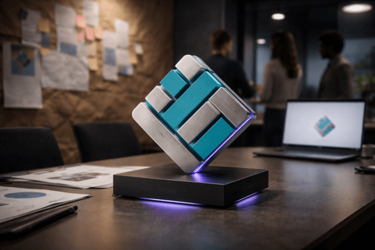 A photorealistic medium-wide cinematic shot, camera positioned approximately 1–2 meters from the subject, capturing a refined real-world hero object: a physical 3D isometric sculpture of the official Tealium logo (solid brushed aluminum core with matte teal enamel faces, precise isometric geometry, subtle engraved brand mark), mounted realistically on a low matte-black pedestal on a modern conference table; the logo is clearly readable and tactile, with a second, non-dominant instance of the official logo visible as a blurred element on a laptop screen in the background (logo placement realistic, not floating or oversized). The object integrates subtle electric-purple accents (#7B63FF) as very fine edge-rim LED piping and a soft underglow beneath the pedestal to suggest intelligence/activity without overpowering realism. Set in an optimized real-world Tech-Noir environment: a modern marketing-ops war-room / design studio with a crumpled kraft-paper moodboard wall behind (realistic texture of amassado/desamassado kraft paper pinned with tape and thumbtacks), scattered planning artifacts (sticky notes, printed event-schema sheets, a tablet), and natural human presence — two to three diverse professionals in the background, candid postures, neutral expressions, slightly out of focus to keep secondary emphasis. Lighting is low-key and practical: warm desk lamps, muted laptop screen glow, and a soft integrated white spotlight from above and slightly to the side gently revealing form, texture, and depth; subtle specular highlights on metal and enamel. Visual style: cinematic photographic realism with subtle Tech-Noir influence, neutral corporate palette (charcoal, graphite, muted wood tones) with restrained neon accents tied to the electric purple. Camera/framing: medium-wide, 35mm cinematic look, shallow-to-medium depth of field, natural bokeh on background people and objects, camera height ~1.2m. Materials and details: premium brushed metal, matte enamel, soft paper texture on kraft wall, polished tabletop reflections, ultra-detailed surface microtexture. Level of realism: photorealistic, production-quality, consistent scale and perspective, believable human interaction. Constraints: no floating or glowing logos, no caption text, no text overlays, no watermarks, no visible UI text on screens (screens may be intentionally blurred). Cinematic realism, natural depth of field, premium materials, ultra-detailed, 8K.