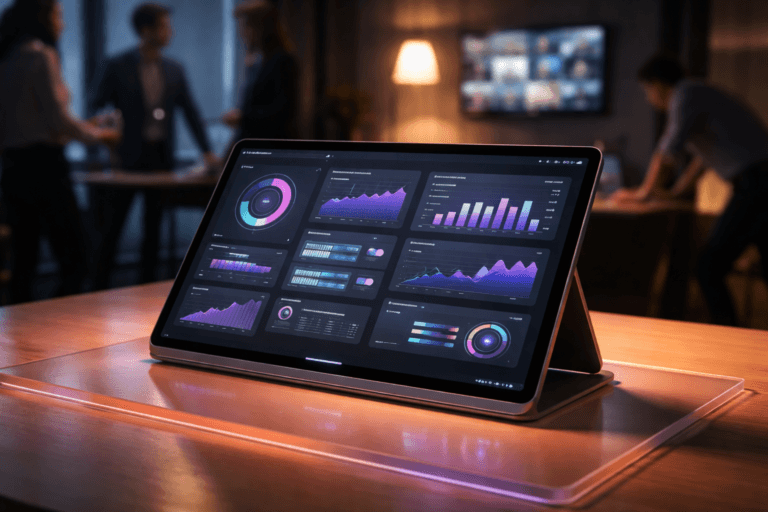 A photorealistic medium-wide cinematic shot, camera positioned approximately 1–2 meters from the subject, capturing a premium 12.9" glass touchscreen tablet with a slim aluminum frame and subtle rubberized stand, placed on a translucent colored acrylic surface (soft coral-to-amber gradient) — the tablet screen displays an organized team-building dashboard interface composed of non-legible visual KPIs: layered isometric-style panels rendered as charts, progress rings, stacked bar charts, timeline cards, heatmap tiles and status gauges (no readable text or captions). The device is the clear focal point, screen surface reflecting the surrounding environment, tactile fingerprints and micro-scratches visible for realism. The object integrates subtle electric-purple accents #7B63FF on UI highlights, micro-LED indicators and a thin inlay on the tablet edge to indicate intelligence/activity without overpowering realism. Set in a refined Tech-Noir hybrid meeting corner: low-lit modern office with glass partitions, polished concrete floor, a blurred in-person micro-team standing to the left, a wall monitor in the mid-background showing a muted video grid of remote participants, and a facilitator leaning in at the periphery (diverse, professional, candid posture). Lighting is low-key and practical — warm desk lamp and cool screen glow as fill, a subtle soft integrated white spotlight from above-side gently revealing form and texture, restrained neon rim from background fixtures. Color palette: neutral corporate tones (charcoal, slate, warm wood) with restrained electric purple accents and soft cyan screen glows. Camera: 35mm cinematic look, medium-wide framing, natural shallow-to-medium depth of field with bokeh on background figures, crisp focus on tablet surface and UI geometry. Materials: premium aluminum, glass, translucent acrylic, polished wood and concrete — ultra-detailed microtexture, realistic reflections, and physically plausible shadows. Photorealistic, cinematic realism, premium corporate aesthetic, 8K. Constraints: no legible text, no captions, no watermarks, no floating logos; people secondary to the hero object.