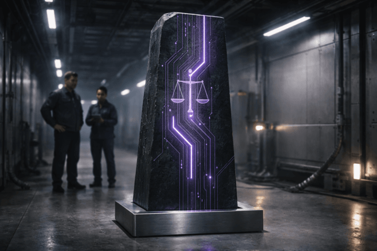 A photorealistic medium-wide cinematic shot, camera positioned approximately 1–2 meters from the subject, capturing a refined real-world hero object: a matte black basalt monolith sculpture (approx. 1.6 m tall) mounted on a low-profile brushed-steel plinth, with precision-cut shallow engravings forming circuit-like traces and a subtle, non-textual scales-of-justice motif; the engraved channels are inlaid with cool-white micro-LEDs and restrained electric-purple (#7B63FF) luminous resin, readable at 1–2 meters, tactile stone grain and polished chamfers, ultra-detailed surface texture and material realism. The object integrates subtle electric-purple accents indicating intelligence or activity without overpowering realism. Set in a clean stainless-steel HVAC/maintenance tunnel reinterpreted as a believable Tech-Noir environment: ribbed metal walls, access panels, an overhead catwalk, polished concrete floor with faint reflections and controlled ambient haze, practical light sources (strip LEDs, a maintenance task lamp and a tablet screen) providing low-key illumination. Natural human presence in the background/periphery: two realistic professionals (diverse, neutral expressions) — one technician holding a tablet, one engineer observing — slightly out of focus and secondary to the monolith. Lighting is low-key and practical, complemented by a soft integrated white spotlight from above-left that gently reveals form, texture and depth, with subtle rim light and soft electric-purple glow from inlays. Cinematic realism, medium-wide framing with a 35mm photographic look, slight low-angle perspective, natural shallow-to-medium depth of field (monolith sharply in focus, background softly defocused), premium materials, realistic shadows and reflections, ultra-detailed, 8K. No captions, no text, no visible logos, no watermarks, photorealistic, subtle Tech-Noir color grading with neutral corporate tones and restrained neon accents.