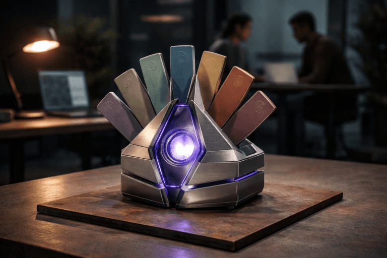 A photorealistic medium-wide cinematic shot, camera positioned approximately 1–2 meters from the subject, capturing a refined, physically plausible tabletop "ideation prism" sculpture clearly readable within a realistic environment. The hero object is a 30–40 cm mixed‑material sculpture: stacked brushed aluminum plates and smoked acrylic panes arranged into a multi‑faceted prism with seven removable, hand‑finished wooden tabs fanning from a central axis (each tab a distinct muted color, no text, only subtle embossed iconography), a central convex glass lens that gently refracts light, and precision machined fasteners — all tactile, industrial, and immediately legible from 1–2 meters. The object integrates subtle electric-purple accents (#7B63FF) as thin edge‑lit inlays and a soft inner glow behind the lens to indicate activity, applied sparingly so realism is preserved. Set on a controlled rusted steel plate (carefully managed oxidation, matte texture) resting on an industrial workshop table within a modern corporate innovation lab — an intimate Tech‑Noir take on a product team workspace: dark matte surfaces, a warm desk lamp, a laptop screen in the midground, and two realistic professionals (diverse, candid posture, neutral expressions) blurred in the background collaborating at a distance. Lighting is low‑key and practical: a warm 3200K desk lamp and muted cool overhead ambient, complemented by a soft integrated white spotlight from above at a 30° angle to reveal form and texture, with restrained electric‑purple rim lighting emphasizing edges. Visual style: cinematic photographic realism with isometric‑influenced geometry, natural shallow-to-medium depth of field, 35mm/50mm lens look, premium materials (metal, glass, wood, acrylic), ultra-detailed surface textures (brushed metal grain, controlled rust patina, milled edges, wood grain). Color palette: neutral corporate tones (charcoal, slate, warm steel, natural wood) with restrained neon accents (electric purple #7B63FF and subtle cyan), high contrast but believable. Composition: medium-wide framing, subject centered slightly left of frame, negative space to the right for contextual storytelling, human figures relegated to background so the sculpture remains dominant. Level of realism: photorealistic, no surreal elements. Constraints: no text, no captions, no logos, no watermarks, no floating or glowing logos; keep all branding absent. Cinematic realism, natural depth of field, premium materials, ultra-detailed, 8K.