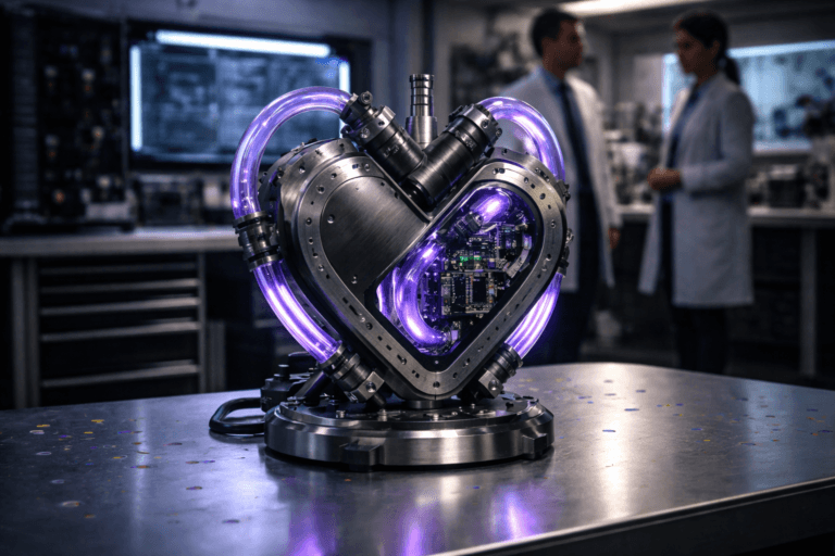 A photorealistic medium-wide cinematic shot, camera positioned approximately 1–2 meters from the subject, capturing a prototype mechanical heart pump — an industrial-grade, heart-shaped centrifugal pump assembly (approx. 30–40 cm) made of brushed titanium and matte black anodized aluminum, detailed bolted flanges, visible precision machining, transparent borosilicate tubing arranged in an advanced, readable loop configuration, circulating a softly glowing electric-purple coolant (accent LED hue #7B63FF) and discrete status LEDs and a compact control PCB visible through a service cut; the device sits centered on a stainless-steel workbench so the form and labels are clearly readable at 1–2 m. The object integrates subtle electric-purple accents indicating intelligence or activity without overpowering realism. Set in a modern R&D prototyping lab / industrial automation test bench with a clean white epoxy floor lightly scattered with subdued colored paper confetti (post-launch celebration feel, confetti resting naturally on the floor), tool chests, cable trays and a blurred wall monitor showing a schematic in the mid-background. Two diverse technicians (business-casual lab coats, candid posture, neutral expressions) stand in the periphery, slightly out of focus, interacting naturally with the scene. Lighting is low-key and practical — cool monitor glow, a narrow LED strip with restrained purple rim light, and a soft integrated white spotlight from above/side gently revealing form, texture, and depth; slight specular highlights on metal, soft reflections in tubing. Camera: medium-wide cinematic framing, 35mm photographic look, slight elevated angle (~10–15°) to imply isometric clarity while remaining photoreal, shallow-to-medium depth of field with sharp focus on the pump and pleasing background bokeh. Color palette: neutral corporate grays, brushed chrome, matte black, warm tungsten highlights, restrained electric purple #7B63FF accents. Realism level: photorealistic, hyper-detailed textures, realistic materials, subtle signs of use, no surreal floating elements. Constraints: no text, no captions, no logos floating or glowing, no watermarks. Cinematic realism, natural depth of field, premium materials, ultra-detailed, 8K.