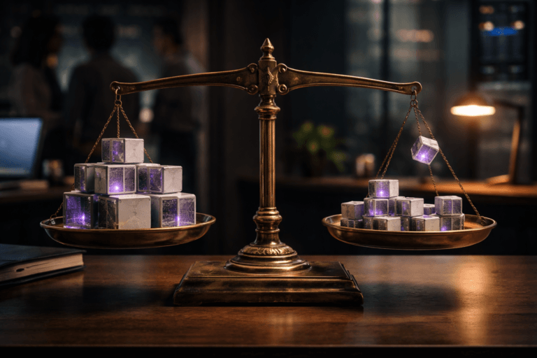 A photorealistic medium-wide cinematic shot, camera positioned approximately 1–2 meters from the subject, capturing an antique two-pan brass balance scale (aged polished patina, realistic weight and texture) holding carefully arranged real-world "data cubes" clearly readable within a realistic environment. The hero object: the brass scale sits on a dark walnut desk and each pan supports physically plausible 3–4 cm solid cubes made from high-quality materials (clear and frosted acrylic, resin, and brushed metal faces) with micro-etched circuit-like patterns and fine metal inlays; cubes are stacked and tessellated into compact geometric structures on the left pan and a more dispersed lattice of smaller cubes on the right pan to imply comparative value — one cube is captured mid-settling into place (natural motion blur) but all objects are tangible and instantly recognizable at 1–2 meters. The cubes incorporate subtle, restrained electric-purple accents (#7B63FF) as thin LED traces, edge rim-lighting, and tiny status indicators that suggest activity without floating, glowing excessively, or dominating the scene. Set in a modern corporate tech-noir office environment: dim executive analytics desk by a window with a faint city nightscape, a laptop screen and a warm brass task lamp as practical light sources, a blurred glass partition with soft server-rack glow in the background; two diverse professionals in business-casual attire appear naturally in the periphery (out of focus, candid, neutral expressions) to provide human scale and context while remaining secondary to the main object. Lighting is low-key and cinematic: practical light sources (laptop, lamp, city light), complemented by a soft integrated white spotlight from above at a 30–45° angle to the scale that sculpts form and texture, plus subtle purple rim light to reinforce the intelligence motif. Visual style: cinematic photographic realism with subtle tech-noir influence, neutral corporate tonal base with restrained neon accents, premium materials (aged brass, polished wood, acrylic, brushed metal), natural shallow-to-medium depth of field (35mm photographic look, approx. f/2.8–f/4) for layered foreground-to-background separation, precise focus on the balance and cube structures, ultra-detailed surface microtexture and believable reflections. Composition: medium-wide framing, scale centered slightly left-of-center, cubes clearly legible, negative space to the right for editorial balance. Render: photorealistic, ultra-detailed, 8K. Constraints: no text, no captions, no floating logos, no watermarks, no surreal floating elements — keep everything physically plausible and brand-safe. Cinematic realism, natural depth of field, premium materials, ultra-detailed, 8K.