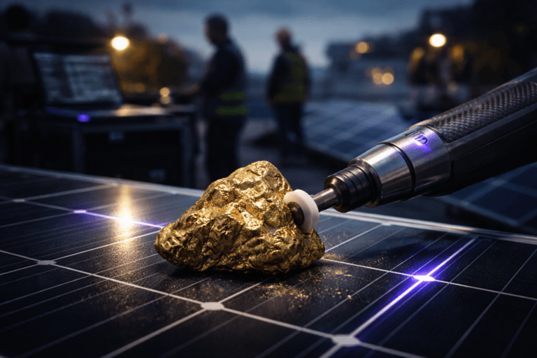 A photorealistic medium-wide cinematic shot, camera positioned approximately 1–2 meters from the subject, capturing a raw uncut gold nugget being carefully polished with a precision micro-polishing rotary tool (hand-held, brushed metal and carbon-fiber body) resting on a dark-blue photovoltaic solar panel with a visible silver busbar grid; the gold nugget is the clear focal point, tactile and ultra-detailed, surface texture and tool contact readable at 1–2 meters. The object integrates subtle electric-purple accents (LED indicator on the polisher and faint rim glow along the panel busbars — Electric Purple #7B63FF) indicating intelligence or activity without overpowering realism. Set in a lived-in tech-noir rooftop solar operations workstation at dusk: a row of solar panels extends into the midground, an equipment cart with a laptop showing dashboards sits peripherally, and diverse technicians in professional field attire (neutral expressions, candid posture) work in the background, secondary to the hero object. Lighting is low-key and practical — warm task lamp and laptop screen fill, cool rooftop twilight, and a soft integrated white spotlight from above/side gently revealing form, texture, and depth; restrained neon purple highlights for accents only. Cinematic photographic realism with subtle Tech-Noir influence, neutral corporate tones (deep blues, graphite, brushed metal) with restrained electric-purple accent; premium materials (polished gold, matte solar glass, brushed aluminum, textured carbon fiber). Camera: 50mm photographic look, medium-wide framing, shallow-to-medium depth of field (nugget and immediate tool in sharp focus, background softly defocused), natural bokeh, 8K ultra-detailed, realistic grain and filmic contrast. Constraints: no text, no captions, no logos floating or glowing, no watermarks, no surreal or impossible elements, human faces generic and non-identifiable.