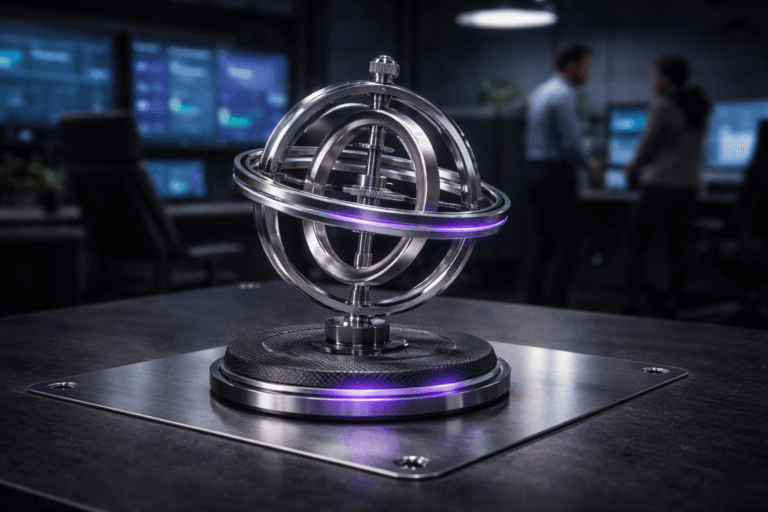 A photorealistic medium-wide cinematic shot, camera positioned approximately 1–2 meters from the subject, capturing a precision-engineered metallic gyroscope — a real-world tabletop kinetic gyroscope with brushed stainless-steel gimbals, polished ceramic bearings, anodized aluminum adjustment rings and a matte carbon-fiber base — clearly readable within a realistic environment. The object integrates subtle electric-purple accents (#7B63FF) — a thin LED status ring recessed into the base and faint edge glows on the locking collars — indicating intelligence or activity without overpowering realism. Set in a modern marketing-technology operations command center: the gyroscope sits centered on a brushed stainless-steel plate inset into a heavy industrial tabletop with visible countersunk screws in the corners; in the mid- to background are slightly out-of-focus operator desks and widescreen dashboards showing abstract charts and data (no legible text), two diverse professionals in business-casual attire engage in a quiet discussion at the periphery — realistic human presence secondary to the object. Lighting is low-key and practical: a soft integrated white spotlight from above at a 30–45° angle reveals form, complemented by cool monitor fill and a restrained electric-purple rim accent to suggest system activity; specular highlights on metal are crisp, textures on brushed steel and carbon fiber are ultra-detailed, reflections are physically plausible. Cinematic realism, natural shallow-to-medium depth of field (primary focus on gyroscope), 35mm photographic look, medium-wide framing, premium materials, subtle Tech-Noir mood, neutral corporate palette of charcoals and cool grays with restrained neon accents, ultra-detailed, 8K. No captions, no text overlays, no visible logos, no watermarks, no floating elements or excessive glow, photorealistic and production-ready for commercial marketing use.