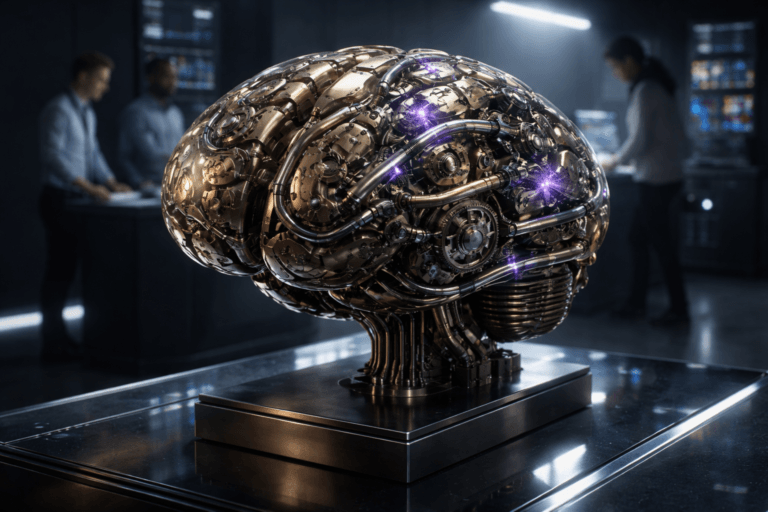 A photorealistic medium-wide cinematic shot, camera positioned approximately 1–2 meters from the subject, capturing a life-sized mechanical brain sculpture made of brushed brass, matte black steel and smoked glass, with exposed interlocking gears, visible servomotors, precision bearings and transparent micro-tubes carrying tiny illuminated data-particles — all components engineered to be physically plausible and clearly readable at 1–2 meters — mounted on a low polished dark-anodized metal pedestal. The object integrates subtle electric-purple accents (#7B63FF) as faint LED filaments and micro-particle glows indicating intelligence or activity without overpowering realism. Set in a minimalist Tech‑Noir control room with a thick tempered glass floor featuring embedded edge LED lighting beneath the glass, dark matte walls, a few blurred server racks and wall-mounted dashboards in the background, and soft reflections on the glass floor. Natural human presence: three diverse engineers in smart-casual attire placed in the background/periphery, candid and slightly out of focus, interacting with consoles and observing the sculpture. Lighting is low-key and practical — edge LEDs and monitor glows provide restrained neon accents, complemented by a soft integrated white spotlight from above and a gentle side fill to reveal metallic texture and glass depth. Camera: 35mm cinematic look, medium-wide framing, slight top-side angle, shallow-to-medium depth of field (subject pin-sharp, background softly blurred), aperture ~f/2.8, natural color grading with neutral corporate tones and restrained electric-purple highlights. Materials and detail: ultra-detailed brushed metal, machined gear teeth, braided cabling, realistic specular highlights, micro-scratches and subtle dust, accurate reflections on tempered glass. Cinematic realism, natural depth of field, premium materials, ultra-detailed, 8K. Constraints: no text, no captions, no watermark, no floating or oversized logos, photorealistic.