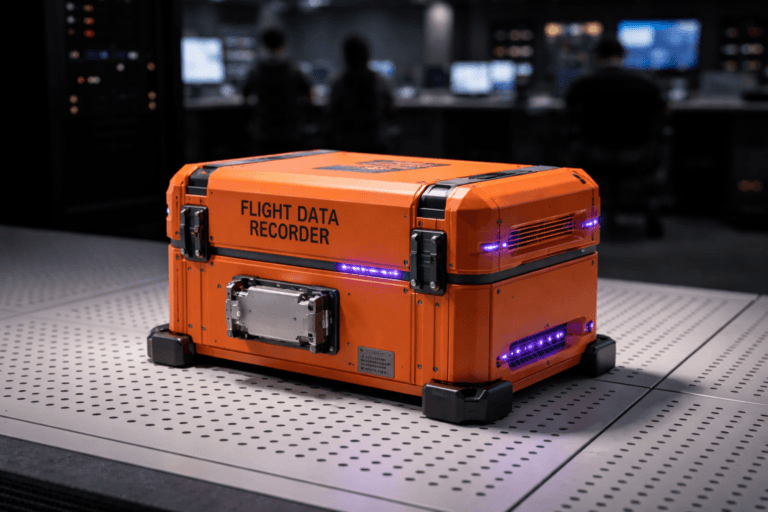 A photorealistic medium-wide cinematic shot, camera positioned approximately 1–2 meters from the subject, capturing a refined real-world hero object: a certified aircraft flight data recorder ("black box") in safety-orange with an indestructible sealed casing and enhanced industrial design — matte, impact-resistant finish, heavy-duty tamper-proof latches, robust mounting brackets, visible precision-machined seams, and a non-legible stamped metal identification plate — clearly readable as a single, tangible device within a realistic environment. The object integrates subtle electric-purple accents (#7B63FF) as thin status LEDs along seams and a faint underglow around vents to indicate telemetry and intelligent activity without overpowering realism. Set in a modern Tech-Noir MLOps operations room: the device sits centered on a white raised access floor composed of perforated cooling tiles, surrounded by out-of-focus server racks and widescreen operator consoles, with diverse, professional operators in the background/periphery engaged in monitoring (natural candid posture, not identifiable). Lighting is low-key and practical — cool screen light, small task lamps, and rack indicators create ambient illumination, complemented by a soft integrated white spotlight from above/side gently revealing form, texture, and depth, plus subtle reflections on the perforated floor. Composition: medium-wide, 35mm/50mm photographic look, camera height ~1m, subject fills foreground midplane, shallow-to-medium depth of field (device sharply focused, background cinematic bokeh), premium materials and tactile detail, realistic scale (approximately 30x20x20 cm), natural shadows and contact with floor. Color palette: neutral corporate grays and blacks with restrained electric-purple accents and safety-orange focal color; cinematic photographic realism with subtle Tech-Noir mood. Ultra-detailed, photoreal, 8K rendering quality. Constraints: no captions, no text overlays, no watermarks, no floating logos, no surreal elements — strictly real-world, believable, production-ready.