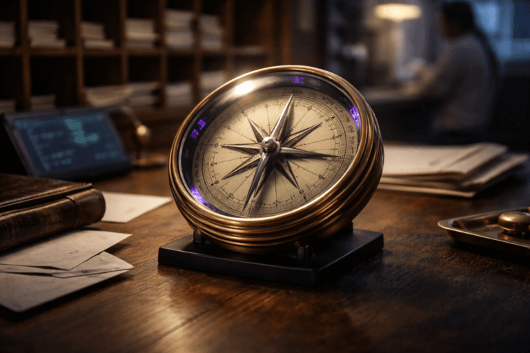 A photorealistic medium-wide cinematic shot, camera positioned approximately 1–2 meters from the subject, capturing an antique brass mariner's compass as the refined real-world hero object — polished solid-brass casing, convex glass crystal, precision-engraved cardinal markings, needle clearly pointing to true magnetic (north) — mounted on a small matte-black stand and resting on the mail-sorting desk; the compass face features very subtle non-textual etchings that hint at metrics (tiny tick marks and iconographic glyphs, no words) and delicate electric-purple (#7B63FF) enamel inlays along the rim to indicate activity, no logos, no floating elements — clearly readable within a realistic environment. The object integrates subtle electric-purple accents indicating intelligence or activity without overpowering realism. Set in a cinematic tech-noir postal sorting workspace: a worn oak mail-sorting table with wooden pigeonhole cubbies in the background, scattered envelopes, a leather-bound logbook, a brass stamp tray, and a small modern tablet on the desk showing a faint, blurred dashboard glow; a diverse mailroom worker in neutral attire is present in the background periphery, candid and softly out of focus to keep humans secondary. Lighting is low-key and practical — warm tungsten desk-lamp and ambient room light, restrained neon reflections from the tablet, complemented by a soft integrated white spotlight from above or the side that gently reveals form, texture, and depth. Camera: 35mm / 50mm photographic look, medium-wide framing, shallow-to-medium depth of field, natural filmic bokeh, cinematic photographic realism with subtle Tech-Noir influence, premium materials, ultra-detailed surfaces, photorealistic rendering, 8K. Color palette: neutral corporate tones with restrained electric purple #7B63FF accents. No captions, no text overlays, no watermarks.