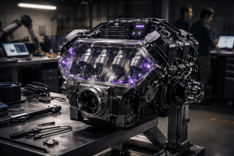 A photorealistic medium-wide cinematic shot, camera positioned approximately 1–2 meters from the subject, capturing a prototype V8 engine assembly on an engineering stand — a real-world V8 block with a precision-machined transparent acrylic inspection cover revealing pistons and connecting rods in motion (slight motion blur on moving parts), ECU and wiring harness securely mounted, materials rendered as brushed aluminum, matte black cast iron, anodized fixtures and polished steel — clearly readable within a realistic robotics assembly bench environment. The object integrates subtle electric-purple accents (#7B63FF) — small status LEDs on the ECU, thin purple inlays on connector housings, and a restrained underglow inside inspection ports — indicating intelligence/activity without overpowering realism. Set in a modern R&D industrial lab: a robotics assembly table with scattered tools (torque wrench, hex drivers, precision calipers), spools of cable, a parked collaborative robot arm, an open laptop and tablet showing schematics (screens as practical light sources), labeled parts bins and concrete floor with utility markings; two engineers in the background (diverse, professional, candid postures, neutral expressions) working at the periphery, secondary to the main object. Lighting is low-key and practical: overhead industrial LED strip, warm adjustable task lamp at the bench, laptop/tablet screen glow, complemented by a soft integrated white spotlight from above-side that gently reveals form, texture and depth; controlled contrast with restrained electric-purple rim light accents. Cinematic photographic realism with subtle Tech‑Noir influence, neutral corporate palette (steel greys, deep charcoals, warm tool-steel) with restrained neon accents, medium-wide 35mm photographic look, shallow-to-medium depth of field (approx f/2.8–f/4), slight film grain, three-quarter perspective that emphasizes volume and detail, ultra-detailed textures (machining marks, fasteners, lubricant sheen), realistic motion blur on pistons, premium materials, ultra-detailed, 8K. No text, no captions, no logos, no watermarks.