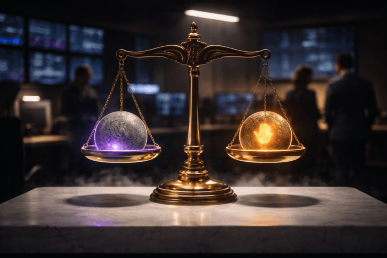 A photorealistic medium-wide cinematic shot, camera positioned approximately 1–2 meters from the subject, capturing a life-sized, sculpted golden balance scale (approx. 40–60 cm tall) as the refined real-world hero object, clearly readable within a realistic environment. The scale has two physical, luminous weights that visually represent intelligence and human values without text: the "AI" weight is a cool metallic disk with fine etched circuit/neural patterns, a subtle rim of electric purple LED (#7B63FF) and polished chrome insets indicating activity; the "Human values" weight is a warm-textured brass disk with soft amber fiber-optic veins, matte organic surface details and a small hand-shaped relief, both weights physically balanced and heavy, solid and instantly recognizable at 1–2 meters. The object integrates subtle electric-purple accents indicating intelligence or activity (LED rim, ambient rim light) without overpowering realism. Set in a high-end Tech‑Noir Security Operations Center war‑room converted into a small briefing area: the scale sits centered on a smooth, solid white dry‑ice style slab tabletop with gentle low fog pooling at the slab base, background contains realistic human presence — two diverse SOC analysts and one executive in the periphery, candid posture, faces blurred and non-identifiable, consoles and muted wall monitors with restrained purple accent lighting and practical desk lamps. Lighting is low‑key and practical: dim overhead monitors, a warm side desk lamp, soft integrated white spotlight from above‑side gently revealing the scale’s form and metallic texture, subtle rim light on edges to enhance depth. Visual style: cinematic photographic realism with subtle Tech‑Noir influence, neutral corporate palette (charcoal, graphite, warm brass) with restrained neon accents (electric purple #7B63FF and warm amber), premium materials (brushed gold, polished brass, matte ceramics, glass, fiber optics), ultra-detailed surface textures and believable physics. Camera & framing: medium‑wide composition, 35mm photographic look, shallow-to-medium depth of field (aperture ~f/2.8), focus on the scale with soft bokeh for background people and monitors, slight low-angle to emphasize importance while remaining realistic. Color grade: high-contrast cinematic, muted highlights, crisp blacks, subtle filmic grain, 8K photoreal render. Constraints: no text, no captions, no logos, no watermarks, no floating or impossible elements, realistic proportions and materials, safe professional aesthetic.