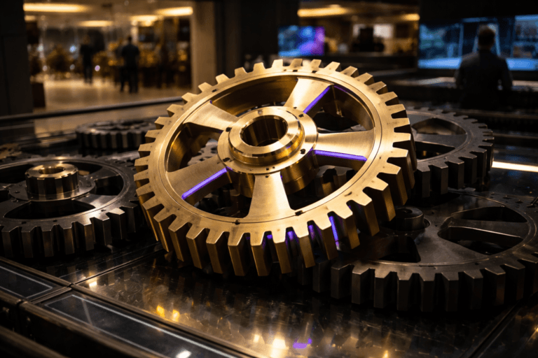 A photorealistic medium-wide cinematic shot, camera positioned approximately 1–2 meters from the subject, capturing a large, physical golden master gear (approx. 40–50 cm diameter) made of brushed gold‑plated steel and precision‑machined surfaces, meshing plausibly with several surrounding steel and matte‑black gears on the same plane — all details clearly readable from 1–2 meters; the master gear incorporates a discreet electric‑purple trace (Hex #7B63FF) along selected gear teeth and micro-LED inlays indicating activity, tasteful and subtle (no floating glows). Set in a contemporary hotel operations mezzanine / tech hub (urban São Paulo New Year turnover context) on a thick tempered glass floor with recessed LED edge lighting and controlled reflections; the mid-background shows a softly blurred check‑in area below, a couple of diverse, professional staff monitoring screens at the periphery (secondary, candid posture, neutral expressions), and a low-profile server/monitor wall that grounds the scene. Style: cinematic photographic realism with a subtle Tech‑Noir mood. Lighting: low‑key, practical sources — soft integrated white spotlight from above/side to reveal texture and depth, ambient illumination from monitors and recessed floor LEDs, warm tungsten fills for human skin tones, and restrained electric‑purple rim accents to signal intelligence. Camera & framing: medium‑wide 35mm cinematic look, camera low and slightly off‑axis (rule of thirds), shallow‑to‑medium depth of field, natural bokeh on background people and screens, strong subject hierarchy with the master gear dominant. Color palette: neutral corporate tones (deep charcoals, warm grays, brushed metals) with subtle neon accent electric purple #7B63FF and warm highlights. Materials and detail: ultra‑detailed brushed gold, machined steel, tempered glass, soft rubber mounts, fine machining marks and realistic specular reflections. People: realistic, diverse, secondary to the object, no identifiable individuals. Constraints: no text, no captions, no overlays, no logos unless provided separately, no watermarks. Cinematic realism, natural depth of field, premium materials, ultra-detailed, 8K.