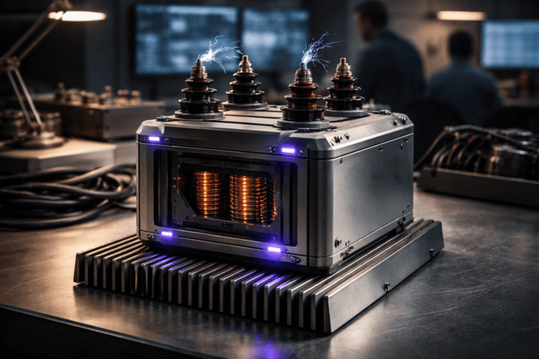 A photorealistic medium-wide cinematic shot, camera positioned approximately 1–2 meters from the subject, capturing a refined, real-world industrial electrical transformer (compact machined-metal enclosure, visible high-voltage terminals, exposed copper winding detail through precision vents) resting on a machined aluminum heat-sink surface with parallel fins, clearly readable within a realistic environment. The transformer emits physically plausible micro-arcs and static sparks localized at insulated terminal edges—subtle, controlled, and detailed—while thin LED status strips and micro-indicators integrate the primary electric-purple accent (#7B63FF) to suggest intelligence/activity without overwhelming realism. Set in a modern tech lab / retail-operations war-room bench: a lived-in engineering workspace with blurred wall monitors showing omnichannel dashboards (intentionally unreadable), tool trays and cable harnesses, and a few diverse engineers in the background or periphery (professional clothing, candid postures, neutral expressions), secondary to the hero object. Lighting: low-key, practical sources (monitor glow, adjustable bench lamp), complemented by a soft integrated white spotlight from above/side that sculpts form and reveals texture; controlled specular highlights on brushed aluminum fins and warm reflections on copper windings. Visual style: cinematic photographic realism with subtle Tech‑Noir influence, neutral corporate tones with restrained neon purple accents, natural shallow-to-medium depth of field, 35mm/50mm photographic look, medium-wide framing, camera angle slightly elevated (20–30°) to show object topology and fin geometry. Materials ultra-detailed: brushed aluminum, treated copper enamel, high-grade polymer insulators, fine surface microtextures, realistic dust and micro-scratches. Render quality: photorealistic, ultra-detailed, premium materials, 8K. Constraints: no text, no captions, no overlays, no watermarks, no floating or dominant logos, humans clearly secondary, scale and perspective strictly realistic.