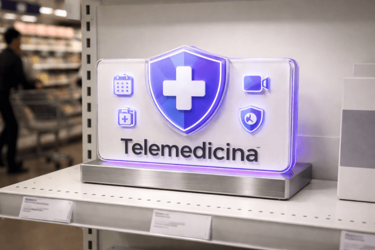 A photorealistic medium-wide cinematic shot, camera positioned approximately 1–2 meters from the subject, capturing a polished 3D isometric acrylic brand plaque of the Telemedicina logo (physical display plaque ~25–30 cm wide) clearly readable and integrated into a realistic product display on a white supermarket gondola shelf with a consumer price tag (price tag present but intentionally non-legible). The refined real-world hero object is a tactile, layered acrylic badge in true 3D isometric perspective, mounted on a low brushed-aluminum pedestal and accompanied by a minimal matte product card; the plaque includes subtle low-relief embossed icons representing scheduling (calendar), video (camera), prescription (pill), and security (shield) — all literal, readable from 1–2 meters, no extraneous text. The Telemedicina official logo and modest wordmark are physically printed/etched on the plaque and legible at the camera distance, placed realistically (on the plaque surface) with no floating or excessive glow. The object integrates restrained electric purple accenting (#7B63FF) via thin edge-lighting inside the acrylic and a micro LED strip in the pedestal to indicate activity, used subtly so realism is preserved. Set in a modern supermarket aisle — white gondola shelving, neutral corporate tones, slightly lived-in with blurred shoppers and a shopping cart in the background (anonymous, candid), preserving a subtle Tech‑Noir mood through controlled shadow and accent lighting. Lighting is low-key and practical: soft overhead store lighting, warm LED shelf lights, and a soft integrated white spotlight from above-left that gently reveals form, texture, and depth; selective purple rim light for accent without neon overexposure. Visual style: cinematic photographic realism with subtle Tech‑Noir influence, neutral corporate palette with restrained electric purple accents, premium materials (polished acrylic, brushed aluminum, matte paper). Camera and framing: medium-wide, 35mm photographic look, eye-to-shelf level, natural shallow-to-medium depth of field, crisp focus on the plaque with gentle bokeh background. Level of realism: photorealistic, ultra-detailed surface textures, realistic reflections and subsurface scattering, 8K. Constraints: no captions, no text overlays on the scene, no readable text on tags or labels except the integrated Telemedicina logo/wordmark on the plaque, no watermarks, no floating or exaggerated glows, no identifiable real individuals.