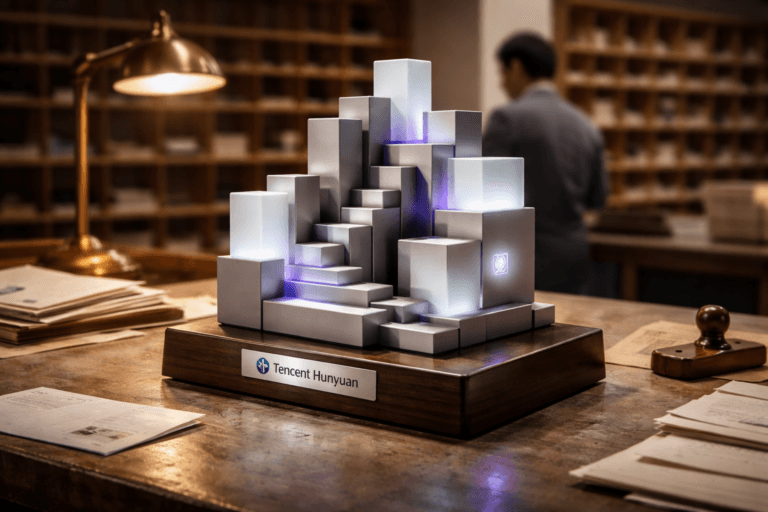 A photorealistic medium-wide cinematic shot, camera positioned approximately 1–2 meters from the subject, capturing a refined real-world hero object: a physical tabletop sculpture representing Tencent Hunyuan — a 30–40 cm tall 3D isometric modular sculpture made of stacked interlocking geometric blocks (cubes and stepped prisms) in matte anodized aluminum and frosted glass, mounted on a polished dark walnut base; the official Tencent Hunyuan logo is integrated realistically (small brushed stainless plaque on the front edge of the base and a subtle micro‑OLED emblem embedded flush in one frosted glass panel), both readable at 1–2 meters without dominating the composition. The sculpture shows subtle, functional electric-purple accents (Hex #7B63FF) as thin internal LED seams and rim lighting to indicate intelligence/activity, kept restrained and physically plausible. Set in a lived-in mail-sorting workspace: the sculpture sits on a worn mail-sorting table with scattered envelopes, rubber stamps, and a vintage brass desk lamp; behind it, wooden pigeonhole mail slots (nichos de madeira) form a warm, textured background with shallow depth, and a postal worker (diverse, professional, candid posture) operates in the periphery, softly blurred to remain secondary. Lighting is low-key and practical — warm desk lamp and ambient overheads — complemented by a soft integrated white spotlight from above/side that gently reveals form, texture, and depth; subtle purple rim light from the sculpture adds Tech‑Noir accent without overpowering realism. Composition: medium-wide, 35mm/50mm photographic look (recommend 35mm), camera ~1.5 meters from subject, shallow-to-medium depth of field (sharp focus on sculpture, background softly defocused), slight low-angle to emphasize presence while keeping scene believable. Materials: ultra-detailed surfaces (anodized metal grain, frosted glass translucency, polished wood grain, brushed stainless plaque), realistic reflections and micro‑specular highlights, natural contact shadows. Color palette: neutral corporate tones (warm wood, brushed metal, soft gray) with restrained neon accents (electric purple #7B63FF) and warm amber practical lights. Style: cinematic photographic realism with subtle Tech‑Noir influence, premium, production-ready. Camera settings suggestion: 35mm equivalent, f/2.8, soft filmic color grade, minimal grain. Render: photorealistic, ultra-detailed, 8K. Constraints: no additional text overlays, no captions, no watermarks; logos must appear only as realistically placed physical elements as described.