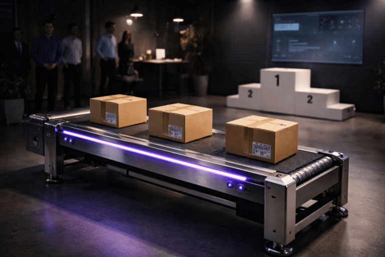 A photorealistic medium-wide cinematic shot, camera positioned approximately 1–2 meters from the subject, capturing a refined real-world hero object: a compact industrial conveyor belt (tabletop/benchtop scale) assembling and indexing small corrugated shipping cartons in sequence — three highlighted cartons clearly readable from 1–2 meters, high-detail cardboard texture, realistic packing tape and barcoded mock labels (no real logos), visible mechanical rollers and a stainless-steel frame; the conveyor integrates subtle electric-purple LED strip accents (#7B63FF) along its edge and faint sensor indicator glows to indicate intelligence/activity without overpowering realism. Set in a minimalist corporate awards-stage within a product “war room” Tech‑Noir environment: a white three-step winners’ podium (1st, 2nd, 3rd) on a matte concrete floor, a dark acoustic wall with a large glass monitor reflecting a muted analytics dashboard, soft studio rigging and practical desk lamps in the periphery. Natural human presence: small, diverse group of professionals in business-casual clothing standing or seated in the background and periphery, candid postures, neutral expressions, subtly observing (secondary to the conveyor and podium). Lighting is low-key and practical — a soft integrated white spotlight from above and slightly to the side gently revealing form and texture, complemented by ambient monitor glow and restrained electric-purple accents; gentle directional rim light to separate subject from background and a touch of soft motion blur on the moving belt for realism. Visual style: cinematic photographic realism with subtle Tech‑Noir influence, neutral corporate color palette (charcoal, slate, warm grey, off-white) with restrained neon electric-purple accents, medium-wide composition, 35mm/50mm photographic look, shallow-to-medium depth of field, natural film‑like grain, premium materials and ultra-detailed surface rendering. Camera/framing: medium-wide shot framing the conveyor and podium centrally with depth into the room, camera height ~1.2 meters, slight 3–5° downward tilt to read box sequence and podium hierarchy. Constraints: no captions, no text overlays, no watermarks, no floating or exaggerated glowing logos, photorealistic rendering, ultra-detailed, 8K.