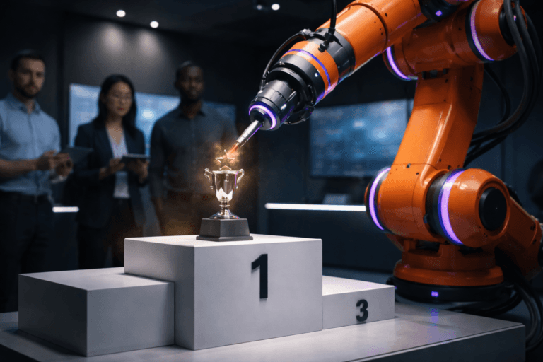 A photorealistic medium-wide cinematic shot, camera positioned approximately 1–2 meters from the subject, capturing an industrial six-axis safety‑orange robotic arm performing precise micro-painting of a small metallic award/trophy placed on the top tier (1st place) of a white three-tier podium, the robotic arm's tooling, nozzle and the painted surface clearly readable within a realistic corporate R&D/showroom environment. The object integrates subtle electric‑purple accents (#7B63FF) — thin LED status rings at the arm joints, a low-intensity purple rim on the nozzle and a delicate purple inspection LED on the trophy — indicating intelligence or activity without overpowering realism. Set in a minimalist tech-noir award stage inside a modern lab: white podium with gentle soft-gradient background, matte dark walls, low-profile console and two vertical monitor panels in the background showing blurred analytics charts (no readable text or logos), with three professional engineers (diverse, neutral expressions, business-casual) positioned in the periphery observing and validating from a respectful distance. Lighting is low-key and practical: a soft integrated white spotlight from above angled to the side gently reveals form, texture and depth; restrained electric‑purple edge lighting provides accent; cool monitor fill and subtle floor reflections add atmosphere. Cinematic realism, natural shallow-to-medium depth of field, 35mm photographic look, camera slightly below eye level, premium materials and ultra-detailed textures (brushed metal, wet-sheen fresh paint droplets, fine spray mist, matte plastic, braided cables), realistic human skin tones, believable scale and ergonomics, no floating or oversized logos. Constraints: no text, no captions, no watermarks, photorealistic render, ultra-detailed, 8K.