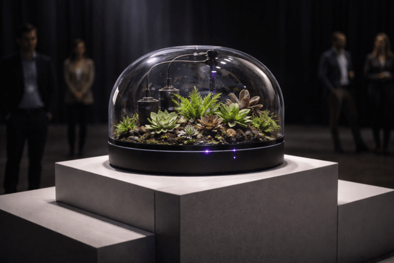 A photorealistic medium-wide cinematic shot, camera positioned approximately 1–2 meters from the subject, capturing a refined real-world hero object: a tabletop glass terrarium greenhouse (clear borosilicate glass dome with slim black anodized aluminum rim and base) containing mixed succulents, small ferns, visible moisture beads, and an integrated automatic drip irrigation system with discrete matte-black micro-pump, micro-tubing, and a small sensor module — all components realistic, instantly recognizable and readable at 1–2 m. The object shows subtle electric purple (#7B63FF) accent lighting on a tiny status LED and a soft internal glow along a concealed irrigation channel to indicate intelligence without appearing holographic. Set on a minimalist white winners’ podium (three-step 1st/2nd/3rd arrangement) on a modern award stage: polished concrete floor, dark curtain backdrop, low-key auditorium ambience, and a few diverse professionals (neutral expressions, business-casual) placed naturally in the background/periphery, slightly out of focus. Composition slightly elevated (~20° top-down) to respectfully evoke an isometric clarity while remaining photographic and realistic. Styling: cinematic photographic realism with subtle Tech‑Noir influence; neutral corporate palette (grays, matte blacks, warm concrete) with restrained neon accents (primary accent Electric Purple #7B63FF). Lighting: low-key, practical stage and spotlights, soft integrated white spotlight from above/side gently revealing glass texture, plants and hardware; warm rim light and controlled reflections to emphasize premium materials. Camera & framing: medium-wide lens feel (35mm cinematic look), shallow-to-medium depth of field, precise focus on terrarium, natural bokeh on podium edges and people. Materials and surface detail ultra-realistic (glass reflections, condensation, matte metal finishes, plant texture), cinematic color grading, photorealistic render quality, ultra-detailed, 8K. Constraints: no captions, no text overlays, no logos floating or oversized, no watermarks.