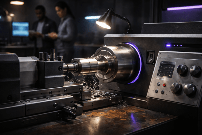 A photorealistic medium-wide cinematic shot, camera positioned approximately 1–2 meters from the subject, capturing a precision industrial metal lathe actively machining a rotating cylindrical metal part (visible cutting tool engaged, fine metal chips, minimal motion blur), the lathe and finished part are the refined real-world hero object, surfaces ultra-detailed and instantly readable at 1–2 m; the lathe shows realistic controls, tactile knobs and a subtle digital readout (no extraneous text), and a small discrete manufacturer plate realistically mounted on the control panel. The object integrates subtle electric-purple accents (#7B63FF) indicating intelligence or activity — thin status LEDs, a narrow backlit ring on the spindle housing, and a faint purple indicator glow on the control surface — all restrained so they do not overpower realism. Set on a controlled, artistically aged rusted-steel plate (oxidized patina but clean, intentional corrosion) within a Tech‑Noir industrial test‑lab / product war‑room bench: low-key, lived-in environment with a minimalist soft-gradient wall in the background, a utility task lamp and a dark monitor casting cool practical light, faint purple rim neon in the distance to reinforce tone. Include natural human presence in the background/periphery: two diverse engineers in business‑casual observing and taking notes, candid posture, neutral expressions, out of focus so they remain secondary to the lathe. Lighting is low-key and practical — soft integrated white spotlight from above at a shallow angle to reveal form and texture, supplemented by warm tungsten spill from the task lamp and cool monitor light for contrast. Color palette: neutral corporate tones (brushed steel, graphite, charcoal, worn brown rust) with restrained electric-purple accents and subtle cool cyan reflections. Camera/framing: medium-wide composition, 35mm photographic look, slight low angle, shallow-to-medium depth of field (focus plane on cutting tool and part), natural bokeh on background elements, cinematic crop, slight motion blur on the rotating piece for realism. Level of realism: photorealistic, high-end commercial, premium materials and surface detail (metallic microtexture, oil sheen, metal chips, fine scratches), accurate scale and ergonomics, no surreal elements. Constraints: no captions, no text overlays, no watermarks, no floating or glowing logos, photographic grain controlled, ultra-detailed, 8K.