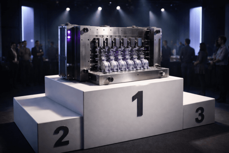 A photorealistic medium-wide cinematic shot, camera positioned approximately 1–2 meters from the subject, capturing a real-world industrial injection-molding tool placed on the top tier of a white three-step winners' podium (1st, 2nd, 3rd), the mold partially open and actively producing a row of identical glossy plastic components aligned on the ejector plate — clearly readable machining details, polished metal surfaces, realistic ejector pins and textured part surfaces visible at normal viewing distance. The object integrates subtle electric-purple accents (Electric Purple #7B63FF) as thin LED status strips on the mold control panel and a faint purple rim light on the emerging parts to indicate activity/intelligence without overpowering realism. Set in a believable corporate tech-awards stage: a dimmed auditorium with practical spotlights, vertical LED presentation screens and subtle stage trussing in the background, minimalistic white podium and soft gradient backdrop, with professional, diverse engineers and product team members in the periphery (candid posture, neutral expressions), secondary to the hero object. Lighting is low-key and practical — soft integrated white spotlight from above/side gently revealing form, controlled blue-gray ambient fill, and restrained purple accent glows; slight specular highlights and realistic soft shadows. Composition: slightly isometric-inspired three-quarter angle while retaining natural photographic perspective, medium-wide framing, 35mm/50mm cinematic lens look, shallow-to-medium depth of field with natural bokeh on background figures. Color palette: neutral corporate grays, warm metallic tones and soft white podium, restrained neon accents with Electric Purple #7B63FF as the primary accent color. Visual style: cinematic photographic realism with subtle Tech-Noir influence, ultra-detailed materials (brushed steel, polished plastic, rubber seals), realistic reflections, fine surface imperfection for authenticity. Constraints: no text, no captions, no logos, no watermarks, no floating or surreal elements. Cinematic realism, natural depth of field, premium materials, ultra-detailed, 8K.