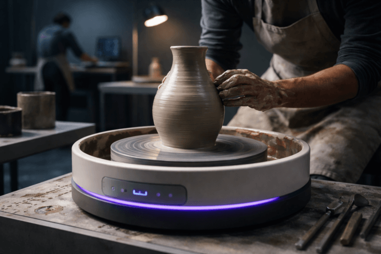 A photorealistic medium-wide cinematic shot, camera positioned approximately 1–2 meters from the subject, capturing a manual electric pottery wheel in active use — a wet ceramic vase being skillfully shaped on the wheel with visible tool marks and tactile wet-clay texture, the potter’s hands as secondary elements (realistic, diverse, candid, faces out of focus) — clearly readable within a realistic environment. The wheel base includes a small, realistic status LED ring and subtle embedded indicators with restrained electric-purple accents (#7B63FF) that suggest intelligent assistance without overpowering the scene. Set in a minimalist tech-noir ceramic studio: clean industrial workbench, matte metal tools, muted concrete walls, a raised white technical floor composed of perforated cooling panels, and a soft gradient backdrop transitioning from cool graphite to deep charcoal. Natural human presence is in the midground/periphery — one person adjusting clay at a bench, another reviewing a blurred monitor — all secondary to the hero object. Lighting is low-key and practical: a warm adjustable task lamp near the wheel, cool LED fill for ambient tech-noir tone, and a soft integrated white spotlight from above or the side to sculpt form and reveal surface texture; gentle rim light picks out the wet sheen of the clay and the subtle electric-purple reflections. Composition: medium-wide cinematic framing, 35mm/50mm photographic look, camera ~1.5 meters, slight low angle to emphasize form, natural shallow-to-medium depth of field (f/2.8–f/5.6) with the vase sharply in focus and background softly defocused, slight motion hint on the spinning wheel but no motion blur that obscures detail. Color palette: neutral corporate tones (greys, warm browns, off-white) with restrained neon accents and the primary electric-purple #7B63FF used sparingly on LEDs and tool highlights. Visual style: photorealistic cinematic realism with subtle tech-noir influence, premium materials, ultra-detailed surface texture (wet clay, metal, wood), high dynamic range, ultra-detailed, 8K. Constraints: no captions, no text overlays, no visible logos, no watermarks, no floating or glowing branding elements.