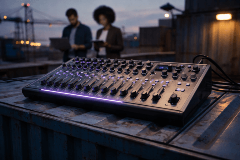 A photorealistic medium-wide cinematic shot, camera positioned approximately 1–2 meters from the subject, capturing a professional physical DJ/audio mixer (16-channel tabletop mixer with brushed-aluminum faceplate, rubberized fader caps, tactile rotary knobs, backlit buttons and a small OLED status display) clearly readable within a realistic environment. The mixer is the single dominant focal point, angled with a subtle isometric composition (slightly elevated, parallel verticals) so all sliders and controls are instantly recognizable from 1–2 m; no brand logos dominate. The object integrates subtle electric-purple accents (#7B63FF) — thin LED underlighting along the fader troughs, gentle halo on active buttons, and faint glow on the OLED UI — indicating intelligence or activity without overpowering realism. Set on the corrugated top of a weathered deep industrial blue shipping container (visible corrugation texture, welded seams, slight paint wear), positioned in an urban port/container-yard rooftop at dusk with a minimalist soft-gradient sky behind (neutral corporate tones with restrained neon accents), with natural human presence in the background or periphery: two diverse professionals (tech-casual attire) slightly out of focus — one checking a laptop, one holding a tablet — candid, neutral expressions, secondary to the main object. Lighting is low-key and practical: soft warm practical LED strips on the mixer, faint cold practical lights from distant cranes, and a soft integrated white spotlight from above and slightly to the side that gently reveals form, texture, and depth on knobs, sliders, and the container surface. Cinematic realism, natural shallow-to-medium depth of field (35mm photographic look, f/2.8–f/4), premium materials (brushed metal, matte plastics, rubber), ultra-detailed surface wear (finger oils, micro-scratches on fader caps), realistic reflections and subtle specular highlights, high dynamic range, photorealistic render, 8K. No text, no captions, no watermarks.