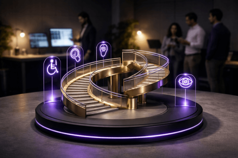 A photorealistic medium-wide cinematic shot, camera positioned approximately 1–2 meters from the subject, capturing a large-scale polished brass spiral accessibility ramp model mounted on a matte black circular wireless-charging pedestal with a subtle active LED ring; the ramp connects three distinct platform levels with brushed-aluminum handrails and non-slip tread, and several thin, transparent acrylic projection rods around the ramp hold backlit universal inclusion symbols (wheelchair, audio/ear, eye for low-vision, cognitive/brain icon) designed to appear gently suspended and instantly recognizable from 1–2 meters. The object integrates subtle electric-purple accents (#7B63FF) as fine edge-lighting along the handrails, a soft purple glow within the LED ring, and faint purple highlights on the acrylic icon stands to indicate intelligence/activity without overpowering realism. Set in a modern corporate UX accessibility lab / product design studio — matte concrete floor, acoustic panel walls, a long workbench with open laptops and reference screens in the midground, and a diverse group of 3–4 professionals in neutral business-casual attire (mixed genders and ethnicities) positioned naturally in the background or periphery, observing or interacting with a tablet; people are candid, secondary to the hero object. Lighting is low-key and practical: warm desk lamp pools, cool monitor glows, and a soft integrated white spotlight from above slightly off-center to reveal form, texture, and depth; use subtle electric-purple rim light for Tech-Noir accent. Camera: 35mm cinematic lens look, medium-wide framing, shallow-to-medium depth of field with the ramp sharply in focus and natural bokeh on background figures; emphasize photorealistic material detail (polished brass reflections, brushed aluminum texture, matte black finish, frosted acrylic translucency), accurate scale and readability, premium product-shot composition. No text, no captions, no watermarks. Cinematic realism, natural depth of field, premium materials, ultra-detailed, 8K.