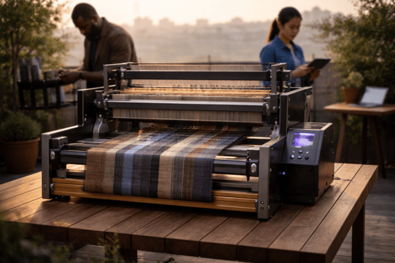 A photorealistic medium-wide cinematic shot, camera positioned approximately 1–2 meters from the subject, capturing a mid-sized computerized automatic weaving loom (modern desktop industrial loom) clearly readable within a realistic environment. The loom is the single dominant focal point: robust metal-and-wood frame, visible warp beam, heddles, shuttle and yarn feeds, and a compact tactile control panel (screen intentionally non-legible). The machine is actively weaving a multi-color fabric composed of natural yarns (charcoal, slate blue, warm beige, muted olive) with a single thin accent thread woven through that carries a subtle electric-purple (#7B63FF) highlight; the control panel and small status LEDs use restrained electric-purple accents to indicate activity without feeling neon or surreal. Set on a well-kept outdoor wooden deck terrace in the early morning — soft warm sunlight as rim/fill light, distant urban rooftop silhouettes softened by morning haze, potted plants and a small side table with a laptop (glowing screen only, no readable text) at the periphery — a lived-in tech-demo environment with a subtle Tech-Noir atmosphere. Include two realistic, diverse engineers in the background or periphery (one adjusting a yarn feed, one checking a tablet), candid posture, neutral expressions, secondary to the loom. Lighting is low-key and practical: warm morning sun as natural fill and rim, balanced by a soft integrated white spotlight from above/side to gently reveal form, texture and depth; practical LEDs cast faint purple reflections on nearby surfaces. Cinematic photographic realism with natural shallow-to-medium depth of field, 35mm–50mm lens look, medium-wide framing, camera height ~1.2 m, premium material detail (wood grain, brushed metal, individual yarn fibers), subtle filmic grain, ultra-detailed, 8K. No captions, no text overlays, no watermarks.