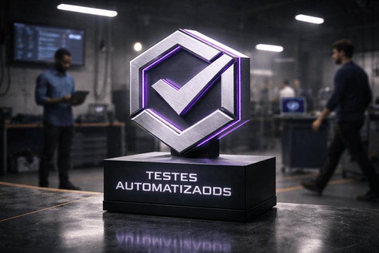 A photorealistic medium-wide cinematic shot, camera positioned approximately 1–2 meters from the subject, capturing a freestanding 3D isometric metal sculpture of the "Testes Automatizados" logo — a physically plausible 40 cm tall brushed-aluminum isometric emblem mounted on a matte-black rectangular plinth, official logo face engraved and inset with a diffused polymer fill and thin electric-purple (#7B63FF) edge channels for subtle activity indication, clearly readable and realistically placed on the plinth; the logo also appears naturally on a tablet screen in the background (small, legible, realistic placement). The object integrates subtle electric-purple accents indicating intelligence or activity without overpowering realism. Set in an industrial Tech-Noir environment: a polished factory concrete floor with yellow safety lines and low industrial racks, faint factory haze, a wall-mounted monitor showing blurred CI/CD dashboards (unreadable), stray tool carts and cable runs, and soft practical environmental details. Natural human presence in the background/periphery: two diverse professionals (one QA engineer checking a tablet, one developer walking past) in smart-casual workwear and safety shoes, candid posture, neutral expressions, secondary to the hero object. Lighting is low-key and practical — overhead industrial pendant lights and practical fixtures, a soft integrated white spotlight from above-left gently revealing form, texture and depth, subtle side rim with restrained electric-purple fill to emphasize edges (no glow), realistic contact shadows and reflections on the polished concrete. Camera: slight low-angle medium-wide composition, 35mm photographic look, shallow-to-medium depth of field, focused on the logo sculpture with natural bokeh in the background, high dynamic range, ultra-detailed materials (brushed metal grain, micro-scratches, matte plinth texture, polished concrete specular highlights). Cinematic realism, natural depth of field, premium materials, ultra-detailed, 8K. No captions, no text overlays, no watermarks.