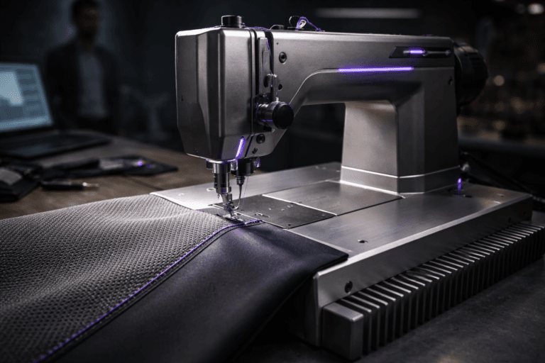 A photorealistic medium-wide cinematic shot, camera positioned approximately 1–2 meters from the subject, capturing a realistic industrial desktop sewing machine (compact, premium-metal chassis, visible needle, presser foot and feed dogs) clearly sewing and uniting two distinct, physically plausible fabrics — left panel: coarse technical mesh (matte, woven texture), right panel: smooth neoprene-like performance fabric (slightly reflective, dense knit) — thread path and stitched seam clearly readable at a 1–2 meter viewing distance. The machine includes subtle, realistic status LEDs and a slim indicator strip that emit restrained Electric Purple #7B63FF accents (no floating or dominant glow), and a single purple-tinted thread running through the needle to suggest active intelligence without surreal effects. Set on a large brushed-aluminum heatsink slab with pronounced cooling fins and machined edges (industrial R&D bench), placed in a dim tech lab / workshop environment with practical objects (screwdrivers, folded fabric swatches, a laptop screen showing a blurred UI) in soft focus at the periphery. One technician stands in the background, out of focus and diverse, neutral expression, business-casual attire, observing silently — human presence is secondary. Lighting is low-key and practical: a soft integrated white spotlight from above at a slight side angle to reveal metal texture and fabric weave, small practical LED strip along the heatsink fin edges adding cool rim light, and a faint screen glow providing subtle fill; overall cinematic contrast with restrained neon accents. Composition: slight isometric-inspired elevated camera tilt (approx. 25–35° top-down) to read the sewing action and heatsink fins, medium-wide framing, 35mm photographic look, aperture f/2.8 for shallow-to-medium depth of field, natural bokeh on background elements, accurate scale and tactile materials, ultra-detailed surfaces (stitch tension, fabric fibers, metal machining marks). Color palette: neutral corporate tones (graphite, charcoal, brushed aluminum, warm dark grays) with Electric Purple #7B63FF as the primary accent and minimal complementary cool teal desaturation; cinematic filmic color grading, photorealistic rendering, 8K, no text, no captions, no watermarks, no logos.