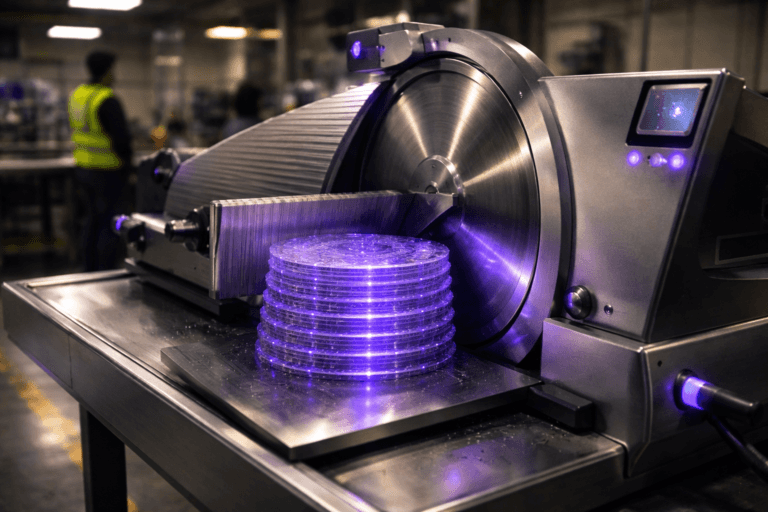 A photorealistic medium-wide cinematic shot, camera positioned approximately 1–2 meters from the subject, capturing a stainless-steel commercial deli/industrial slicer actively cutting a neat stack of translucent circular "data wafers" — thin acrylic disks precisely etched with fine circuit-trace patterns and embedded micro-LED cores that pulse a subtle electric purple (#7B63FF). The cutter, blade edge, and freshly sliced wafer faces are ultra-detailed and tactile, showing polished metal, micro-scratches, realistic material refraction and dust particles; no text or readable labels on any surface. The object integrates subtle electric-purple accents indicating intelligence or activity without overpowering realism. Set in an industrial factory bay with a polished concrete floor marked by yellow safety stripes, low shelving, overhead cable trays, and a small operator touchscreen (neutral, unreadable UI), with tools on a stainless bench — environment retains a lived-in, safety-first feel. Natural human presence is present but secondary: a diverse technician in a high-visibility vest and safety glasses stands in the mid-background, candid posture, face unidentifiable and intentionally out of focus. Lighting is low-key and practical: warm overhead industrial lamps, machine LEDs, and a soft integrated white spotlight from above-side that sculpts form and reveals texture; subtle rim light separates subject from background; restrained neon purple accents on LEDs and wafer edges. Composition is precise with a slight isometric-inspired geometry for a technical, structured look while remaining cinematic and photorealistic. Camera: 35mm cinematic lens, medium-wide framing, aperture f/1.8–f/2.8 for shallow-to-medium depth of field, focus on blade and nearest wafer slice, natural bokeh. Color palette: neutral corporate grays and stainless steel, warm concrete browns, safety yellow accents, and electric purple #7B63FF as the single primary accent. Visual style: cinematic photographic realism with subtle Tech-Noir influence, premium materials, realistic reflections, ultra-detailed surface textures. Render: photorealistic, high dynamic range, minimal film grain, ultra-detailed, 8K. Constraints: no captions, no text, no brand logos, no watermarks, no floating or exaggerated glowing logos, people non-identifiable.