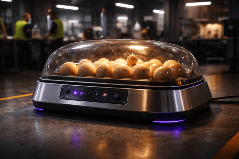 A photorealistic medium-wide cinematic shot, camera positioned approximately 1–2 meters from the subject, capturing a premium industrial egg incubator as the clear hero object: a low-profile stainless-steel base with a transparent polycarbonate dome, internal warm amber LED illumination revealing real eggs with fine hairline cracks and one egg with a visible beak about to emerge, subtle condensation on the dome, a compact tactile control cluster and small status LEDs (no readable text). The incubator features restrained electric purple accents (#7B63FF) as thin indicator rings and a faint rim light to imply intelligence/activity without overpowering realism. Set in a realistic Tech‑Noir industrial environment — polished concrete factory floor with yellow safety stripes, blurred background of diverse technicians in safety vests and PPE working at benches and machines, industrial racks and soft shadowed equipment suggesting scale. Lighting is low-key and practical: the incubator’s warm amber internal light as the key practical source, complemented by a soft integrated white spotlight from above (slightly off-axis) to sculpt texture, plus subtle purple rim backlight for mood. Cinematic photographic realism, 35mm/50mm medium-wide look, camera at eye-to-object height, natural shallow-to-medium depth of field (aperture ~f/2.8–f/4), careful bokeh on background workers, filmic color grading with neutral corporate tones and restrained neon accents, high detail on materials (stainless steel, polycarbonate, granular concrete), soft realistic shadows, ultra-detailed, 8K. No captions, no text overlays, no watermarks, no floating or oversized logos.