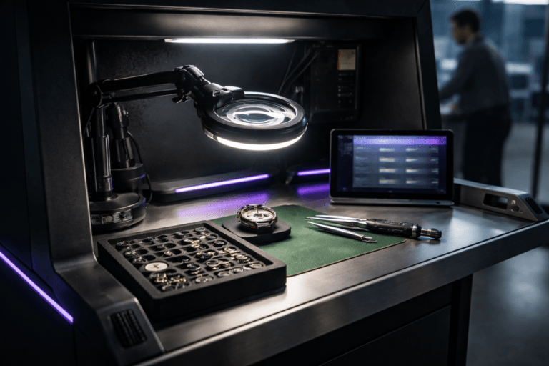 A photorealistic medium-wide cinematic shot, camera positioned approximately 1–2 meters from the subject, capturing a refined watchmaker's inspection workbench as the hero object: a full-size precision bench with brushed stainless-steel surface, anti-static mat, articulated magnifying loupe with LED ring, precision tweezers holding micro-screws and tiny micro-electromechanical components arranged in an orderly foam tray, a calibrated micro-torque driver, and a nearby tablet screen showing a muted, blurred test-execution dashboard UI (no readable text or logos) — physically realistic and clearly readable at 1–2 meters. The object integrates subtle electric-purple accents (#7B63FF) via thin LED strips along the bench edge and a soft status glow on the tablet, indicating intelligence or activity without overpowering realism. Set in a low-lit, Tech-Noir–infused real-world environment: inside a modern self-service kiosk / secure voting-booth-style enclosure within a civic-tech facility — matte black kiosk shell, tempered glass side panel, ventilation slots and cable grommet, conveying a lived-in validation kiosk. Natural human presence in the background: one diverse technician in neutral professional clothing, candid posture, slightly blurred to remain secondary. Lighting is low-key and practical — magnifier lamp and tablet as local practical sources, restrained ambient backlighting, complemented by a soft integrated white spotlight from above-side that gently reveals form, texture, and depth. Cinematic realism, natural shallow-to-medium depth of field, 35mm photographic look, medium-wide framing, premium materials, ultra-detailed surface textures (brushed metal, foam, micro screws), no captions, no text overlays, no watermarks, photorealistic, 8K.