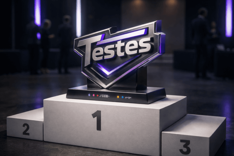 A photorealistic medium-wide cinematic shot, camera positioned approximately 1–2 meters from the subject, capturing a physical 3D isometric brand-logo sculpture for the product "Testes" (stylized as a real-world metal plinth / trophy) clearly readable within a realistic environment. The hero object: a refined, palm-to-shoulder sized isometric logo sculpture fabricated from brushed aluminum and matte black anodized metal, precise chamfered edges, with subtle integrated electric-purple LED inlays (#7B63FF) in narrow seams and tiny dashboard-style indicator LEDs (representing CI/CD metrics) recessed into the base — the logo sits squarely on the first-place slot of a minimalist white winners' podium (1st, 2nd, 3rd) made of matte lacquered material, scale and detail readable at 1–2 meters. The object integrates electric-purple accents to indicate intelligence/activity but remains restrained and realistic, no floating or oversized glow. Set in a modern corporate awards / product-launch stage with a Tech-Noir mood: darkened auditorium / polished concrete floor, subtle AV screens and vertical light strips in the background, low-key ambient environment with practical light sources (stage spotlights and side fill monitors). Natural human presence: 3–6 diverse, professional people in the midground/periphery, candid poses, neutral expressions, out-of-focus enough to remain secondary. Lighting is low-key and practical, complemented by a soft integrated white spotlight from above and a gentle side rim light that reveals metal texture, subtle specular highlights, and depth; restrained purple rim accent at 7B63FF. Cinematic photographic realism, 35mm/50mm look, medium-wide framing, shallow-to-medium depth of field, premium materials, ultra-detailed surface textures (metal grain, paint, LED diffusers), realistic reflections and soft shadows, slight desaturation of background corporate tones with neon accents. Render photorealistic, high fidelity, 8K. Constraints: no captions, no text overlays, no watermarks.