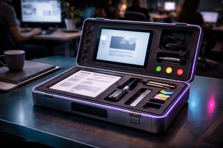 A photorealistic medium-wide cinematic shot, camera positioned approximately 1–2 meters from the subject, capturing an open professional usability-testing toolbox as the refined real-world hero object: a matte-anodized aluminum case (~40 cm wide) with removable modular foam inserts and neatly organized compartments holding real, instantly recognizable items — a compact tablet showing a muted prototype thumbnail (no legible text), printed grayscale wireframes (UI shapes only), a USB lavalier microphone, precision flashlight, small ruler, sticky flags, and three small color-coded disk LEDs embedded flush in the foam representing severity (green, yellow, red); all items scaled to be readable from 1–2 meters and physically plausible. No visible text, captions, logos, or watermarks. The object integrates subtle electric-purple accents (#7B63FF) as a thin rim LED along the toolbox edge and faint purple glints on select disk LEDs to indicate activity, without overpowering realism. Set in a modern UX product studio with a Tech‑Noir mood — the toolbox sits on a translucent colored acrylic tabletop with a soft cyan-to-ink gradient, lived-in peripheral details (coffee cup, notebook) and a large monitor in the background; diverse professionals appear in natural, candid poses in soft focus, secondary to the main object. Lighting is low-key and practical (monitor glow, warm desk lamp), complemented by a soft integrated white spotlight from the side/top that gently reveals form, texture, and depth; restrained electric-purple accent reflections on the acrylic. Camera style: 35mm photographic look, medium-wide framing, slightly elevated angle to convey clear grid-like layout (isometric clarity while remaining photorealistic), shallow-to-medium depth of field, natural bokeh. Materials: premium matte metal, dense soft foam, glossy acrylic, textured paper — ultra-detailed surface microtexture, crisp specular highlights, realistic soft shadows. Cinematic realism, natural depth of field, premium materials, ultra-detailed, 8K.
