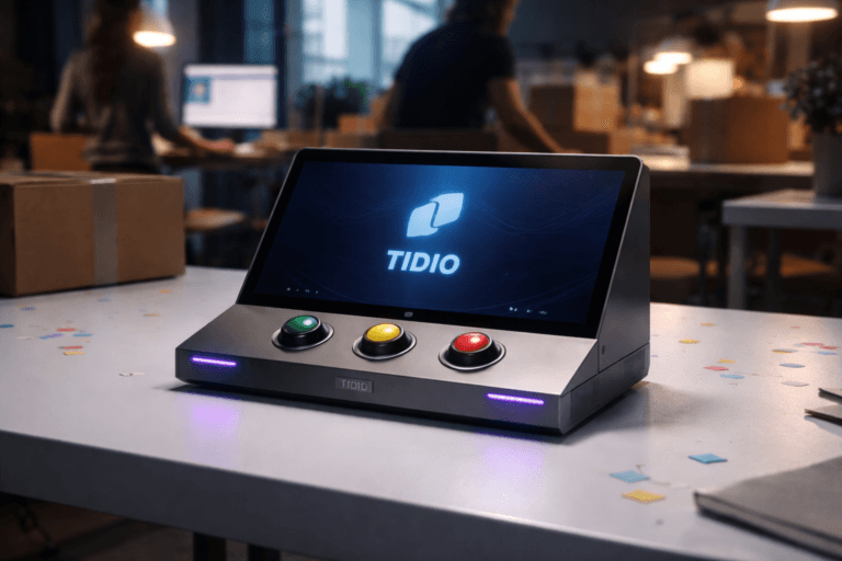 A photorealistic medium-wide cinematic shot, camera positioned approximately 1–2 meters from the subject, capturing a refined real-world hero object: a compact physical isometric dashboard console (matte anodized aluminum base, ~30–40 cm wide) sitting on a white table, its integrated touchscreen clearly showing the official Tidio logo as a realistic backlit emblem and a small engraved brand plate — the console includes a realistic traffic-light control cluster with three physical lenses (green, yellow, red) and subtle LED rings indicating status; all elements are instantly readable at 1–2 meters. The object integrates subtle electric-purple accents (#7B63FF) as thin status LEDs and soft UI highlights indicating intelligence or activity without overpowering realism. Set in a Brazilian e-commerce Black Friday operations scene optimized for Tech-Noir: a tidy, lived-in merchant workspace with a white polished floor scattered with colorful paper confetti, a few unopened shipping boxes, a laptop showing a checkout page, and 2–3 diverse staff members in the background (neutral, candid postures, secondary to the console) moving between packing stations. Lighting is low-key and practical — warm tungsten practicals from packing lamps and monitors, cool daylight from a high side window, complemented by a soft integrated white spotlight from above slightly to the side that sculpts the console’s form and texture; the semaphore lenses have a controlled practical glow (no floating or overpowering halo). Cinematic photographic realism with a subtle Tech-Noir mood, neutral corporate tones with restrained neon accents (electric purple #7B63FF, soft cyan, muted charcoal), shallow-to-medium natural depth of field, 35mm / 50mm photographic look, premium materials, ultra-detailed textures (metal grain, glass reflections, soft confetti fibers), realistic human skin and clothing detail, natural ambient occlusion, photorealistic rendering, 8K. Constraints: no text overlays on the image, no added captions, no watermarks, logo placement realistic on device screen/plate only, no floating logos or exaggerated glow.