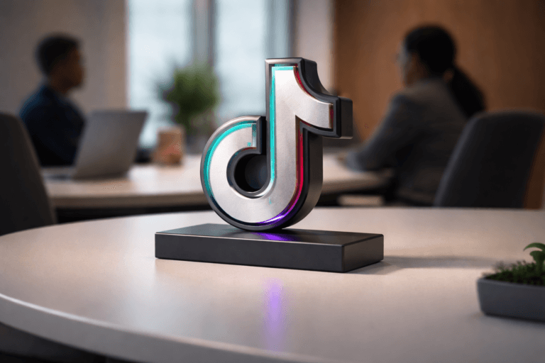 A photorealistic medium-wide cinematic shot, camera positioned approximately 1–2 meters from the subject, capturing a physically plausible 3D isometric TikTok logo sculpture (official TikTok logo accurately reproduced as a desk-scale emblem approximately 18–22 cm wide, sized to be legible at 1–2 meters) mounted on a low matte-acrylic rectangular base, clearly readable within a realistic environment. The sculpture is crafted as a real-world object — brushed aluminum face, matte black enamel insets, precision CNC edges, with a very subtle inlaid electric purple (#7B63FF) rim LED indicating activity (low intensity, no halo or floating glow). Isometric orientation is expressed through the physical angle of the sculpture (visible 3D depth and facets) rather than digital tilt. Set in a modern Portuguese corporate conference room (clean Lisbon tech-office aesthetic) centered on a white oval conference table with soft-focus chairs and two diverse professionals seated and candid in the background (neutral expressions, non-identifiable faces), laptops and a small potted plant at the periphery to suggest real use. Lighting is low-key and practical: soft integrated white spotlight from above and a warmed side fill, daylight through a frosted window, and subtle screen light contributing restrained purple accents; controlled contrast and soft shadows reveal texture and depth without high-key gloss. Composition: medium-wide, 35mm photographic look, camera at table height, logo sculpture centered and occupying ~15–20% of the frame so it reads as the primary subject while not dominating; shallow-to-medium depth of field keeping the emblem razor-sharp and background gently blurred with natural bokeh. Color palette: neutral corporate tones (off-white table, slate gray chairs, warm wood or concrete accents) with restrained Tech-Noir neon touches — primary accent electric purple #7B63FF used sparingly in the rim LED and subtle reflections, secondary cool steel tones for highlights. Materials and detail: ultra-detailed photoreal textures (brushed metal grain, fine machining marks, silk-matte acrylic, faint fingerprints and micro-dust for realism), realistic reflections on table surface, soft specular highlights. Mood and style: cinematic photographic realism with subtle Tech-Noir influence, professional and brand-safe, premium materials, ultra-detailed finish, 8K photoreal render. Constraints: official TikTok logo must appear faithfully on the emblem and be placed realistically on the base; no floating elements, no excessive glow, no text overlays or captions, no watermarks, no identifiable individuals.