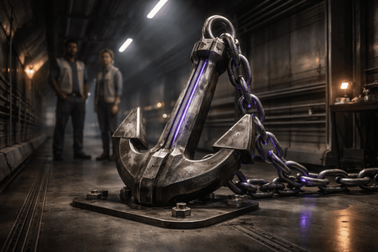A photorealistic medium-wide cinematic shot, camera positioned approximately 1–2 meters from the subject, capturing a heavy maritime anchor made of weathered matte steel and thick linked chain anchored into a bolted industrial floor plate (no brand or logo), the anchor is the clear hero object, instantly recognizable and readable from 1–2 meters with visible wear, machining marks, and realistic metal texture. The object integrates subtle electric-purple accents (#7B63FF) — thin recessed LED filaments running along the inner faces of select chain links and a faint pulsing fiber-optic vein at the anchor shank — indicating intelligence or activity without overpowering realism. Set in a clean metallic ventilation tunnel repurposed as an underground data-infrastructure corridor: brushed steel walls, linear ventilation grates, maintenance catwalks, and practical strip LEDs; the environment reads as lived-in and believable, cinematic Tech‑Noir in mood. Natural human presence in the background/periphery: two diverse technicians in muted corporate workwear and safety vests, candid posture, slightly out of focus and observing the anchor, secondary to the object. Lighting is low-key and practical — cool white strip LED along the tunnel, warm practical task lamp on a nearby console, and a soft integrated white spotlight from above at a 30° angle gently revealing form, texture, and depth; subtle volumetric haze and soft reflections on metal surfaces emphasize atmosphere. Color palette: neutral corporate tones (stainless steel, slate gray, charcoal) with restrained electric‑purple accents and occasional warm amber practical lights. Camera/framing: medium-wide composition, anchor centered slightly off-axis, chain leading into foreground to create depth, 35mm photographic look, natural shallow-to-medium depth of field (sharp on anchor, gentle bokeh on background technicians). Materials and detail: ultra-detailed weathered metal, rivets, bolted floor plate, realistic grime in crevices, minimal dust, high dynamic range. Realism level: photorealistic, cinematic, premium materials, ultra-detailed, 8K. Constraints: no text, no captions, no overlays, no watermarks, no floating or oversized glowing logos, brand-safe, commercially usable.