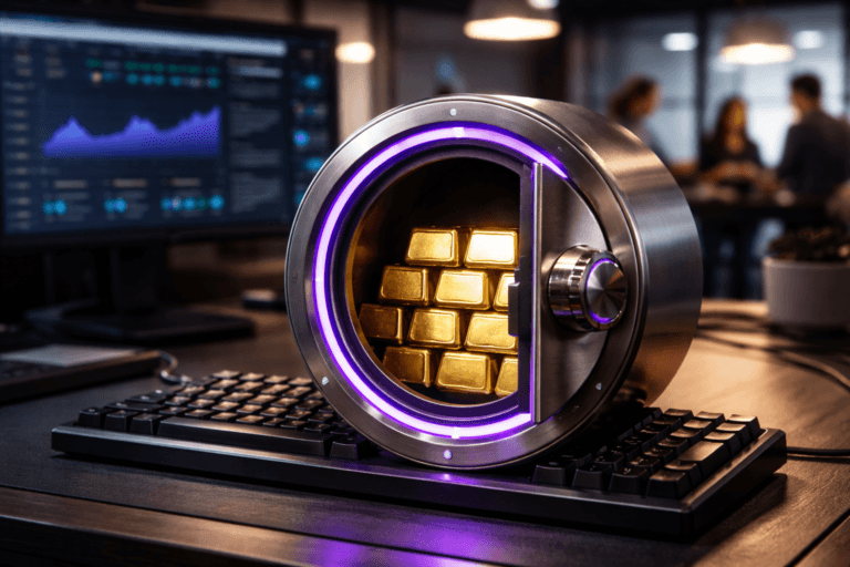 A photorealistic medium-wide cinematic shot, camera positioned approximately 1–2 meters from the subject, capturing a polished circular desktop vault (mini bank-style safe) slightly ajar to reveal stacked, precisely finished gold bars with brushed and highly reflective surfaces—clearly readable within a realistic corporate operations desk environment. The vault is a physically plausible desktop safe (metallic brushed-steel body, heavy hinge, tactile dial) with a subtle integrated electric-purple LED inlay #7B63FF along the rim and a small status indicator, integrated naturally and tastefully. The object integrates subtle electric-purple accents indicating intelligence or activity without overpowering realism. Set in a Tech-Noir modern devops/marketing-technology workspace: the vault rests on a standard full-size mechanical keyboard (keys visible and realistically supporting the safe), a widescreen observability dashboard monitor sits mid-background showing blurred graphs and metric shapes (no legible text), ergonomic desk accessories, glass partition, and a collaborative meeting area beyond. Natural human presence: diverse engineers and marketers in business-casual attire, candid poses, working or conversing in the background and periphery—secondary to the main object, faces non-identifiable. Lighting is low-key and practical, dominated by cool monitor glow and a warm desk lamp, complemented by a soft integrated white spotlight from above and a gentle side fill that reveals form, texture, and depth; add a restrained purple rim light for emphasis. Cinematic photographic realism, 35mm lens aesthetic, slight 15° angle, shallow-to-medium depth of field (sharp vault and nearby keys, softly blurred background), premium materials (brushed steel, matte-black keyboard, satin gold bars), natural specular highlights and accurate reflections, photorealistic skin tones, meticulous surface detail and microtexture, balanced contrast, ultra-detailed, 8K. No text overlays, no captions, no watermarks, no floating or oversized logos, photorealistic and production-ready.