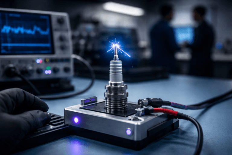 A photorealistic medium-wide cinematic shot, camera positioned approximately 1–2 meters from the subject, capturing a single real-world automotive spark plug mounted in a small anti-static test fixture on a light-blue ESD bench — ceramic insulator and threaded metal shell rendered in ultra-detailed photorealism, electrodes crisp and readable from 1–2 m, a controlled visible electrical arc mid-discharge forming a stylized filament-like shape (physically plausible blue-white arc) that reveals texture and micro-sparks. The object integrates subtle electric-purple accents (#7B63FF) as restrained indicator LEDs on the fixture and a thin purple rim-glow on a test lead to suggest intelligence/activity without overpowering realism. Set in a polished light-blue anti-static hardware laboratory bench environment with practical tools: oscilloscope and a bank of blurred monitors showing faint schematic lines and data (no readable text), tool holders, and neatly coiled cables — a lived-in Tech-Noir lab with restrained neon accents and neutral corporate tones. Include natural human presence in the periphery: a gloved technician’s hand adjusting a knob in the foreground corner and two diverse technicians blurred further back, candid and professional, secondary to the main object. Lighting is low-key and practical — soft glow from oscilloscope screens and a focused adjustable desk lamp — complemented by a soft integrated white spotlight from above at a slight side angle to gently reveal form, texture, and depth; subtle specular highlights on metal and ceramic. Camera: 35mm cinematic look (optionally 50mm), shallow-to-medium depth of field (aperture for gentle bokeh), slightly elevated ~20° angle to imply an isometric feel while maintaining full photographic realism. Cinematic photographic realism with subtle Tech-Noir influence, premium materials, ultra-detailed surface microtextures, no text, no captions, no watermarks, 8K.