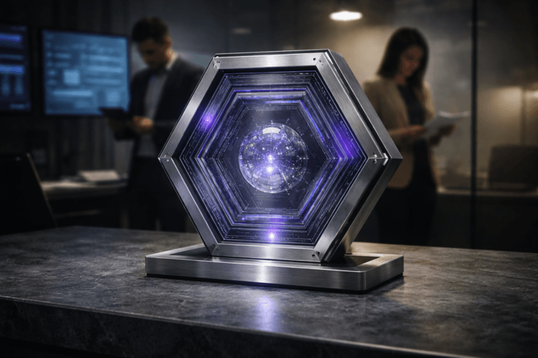 A photorealistic medium-wide cinematic shot, camera positioned approximately 1–2 meters from the subject, capturing a physical hexagonal security shield sculpture: concentric, stacked translucent tempered-glass and high-clarity acrylic layers set inside a brushed-aluminum hex frame, protecting a polished crystalline core orb with small embedded illuminated nodes and discrete highlighted elements; inner layers feature etched circuit-like micro-patterns and subtle frosted lamination, mounted on a low-profile brushed-steel base, scale readable at 1–2 meters (approx. 30–40 cm wide). Clearly readable within a realistic environment. The object integrates subtle electric-purple accents (#7B63FF) along the layer edges and core nodes to indicate intelligence or activity without overpowering realism. Set in a refined Tech‑Noir corporate security operations briefing space: the shield sits on a matte gray soapstone countertop, behind it a modern SOC workspace with muted large-format monitors, a frosted glass partition, and two diverse professionals in business-casual dress (one checking a tablet, one reviewing documents) positioned in the mid-background, candid and anonymous, slightly out of focus to remain secondary. Lighting is low-key and practical — gentle monitor glow, a warm adjustable desk lamp rim, and a soft integrated white spotlight from above/side that sculpts form and reveals texture; subtle specular highlights on glass and metal, controlled reflections, and soft shadowing to preserve depth. Cinematic photographic realism with restrained Tech‑Noir mood: neutral corporate tones (charcoal, slate, brushed metal) with controlled neon accents in electric purple, medium-wide 35mm photographic look (or 50mm equivalent), shallow-to-medium depth of field (f/2.8–f/4), natural bokeh on background figures, low ISO, ultra-detailed materials (tempered glass, brushed aluminum, soapstone), photorealistic rendering, ultra-detailed, 8K. Constraints: no text, no captions, no logos, no watermarks, no floating elements, fully physically plausible composition, humans anonymous and secondary.