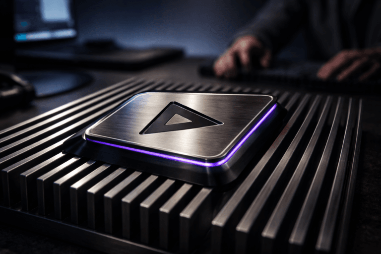 A photorealistic medium-wide cinematic shot, camera positioned approximately 1–2 meters from the subject, capturing a refined, physically plausible 3D isometric brand emblem (polished brushed-metal logo emblem for a Youtuber brand, ~12–16 cm wide, 8 mm thickness) resting naturally on an extruded aluminum heatsink surface with parallel fins; the emblem is clearly readable and realistically seated between fins, with fine machining marks and subtle micro-scratches for authenticity. The emblem includes a recessed inset where the official stylized logo mark is engraved in low-relief and filled with matte black, plus an integrated thin edge of soft electric-purple LED accent (Electric Purple #7B63FF) that signals activity without overpowering realism. Set in a modern tech workshop / studio tabletop environment optimized for a Tech-Noir mood: minimalist gradient backdrop (deep slate to very dark indigo) with shallow bokeh, a nearby laptop screen and a blurred technician's hands at the periphery (diverse, neutral clothing, candid posture) to imply human scale and usage. Lighting is low-key and practical: a soft integrated white spotlight from above at a slight 30° side angle to reveal texture and depth on the emblem and fin edges, supplemented by subtle practical light sources (monitor glow and a thin LED strip along the table) that create restrained neon reflections on the aluminum fins. Color palette: neutral corporate tones (brushed aluminum, matte black, charcoal) with restrained neon accents in Electric Purple #7B63FF and muted cyan fill highlights; reflections are realistic and not exaggerated. Composition and camera: medium-wide cinematic framing, 35mm photographic look, camera height slightly above the table plane, emblem positioned slightly off-center following the rule of thirds, shallow-to-medium depth of field with crisp focus on the emblem and nearest heatsink fins, soft falloff to the background. Materials: ultra-detailed brushed metal, anodized aluminum, rubberized matte insets, realistic microfacets and specular reflections. Visual style: cinematic photographic realism with subtle Tech-Noir influence, premium materials, ultra-detailed surface texture, photoreal render. Constraints: no captions, no text overlays, no watermarks, no floating or glowing logos—logo must appear physically integrated and realistically placed on the heatsink. Cinematic realism, natural depth of field, premium materials, ultra-detailed, 8K.