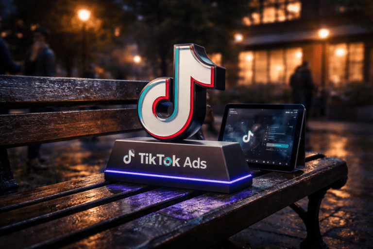 A photorealistic medium-wide cinematic shot, camera positioned approximately 1–2 meters from the subject, capturing a refined physical 3D isometric sculpture of the official TikTok Ads logo (accurate trademark logo rendered as a 20–25 cm isometric desk plaque) clearly readable within a realistic environment. The plaque is a real-world object: matte anodized aluminum base with glossy enamel insets, crisp embossed logo edges, and subtle laser-etched miniature dashboard indicators on one face; it sits naturally on a wooden and cast-iron park bench as a physical installation, with a tablet leaning against the plaque showing a realistic TikTok Ads dashboard where the official logo appears on-screen (logo placement realistic on device, not floating or dominating). The object integrates subtle electric-purple accent #7B63FF as a thin LED rim and delicate backlight behind the plaque to indicate activity without overpowering realism. Set in an urban park plaza at dusk with a Tech‑Noir mood — wet cobblestone reflections, a warm streetlamp, nearby café windows, and blurred pedestrians; two diverse professionals occupy the background/periphery in candid, neutral postures (out of focus). Lighting is low-key and practical: warm sodium streetlamp and café lights, cool tablet-screen glow, plus a soft integrated white spotlight from above/side gently revealing form, texture, and depth; restrained neon reflections on the bench and pavement. Cinematic photographic realism, 35mm/50mm medium-wide look, natural shallow-to-medium depth of field, tasteful bokeh, premium materials, ultra-detailed surface texture, photorealistic rendering, no floating/glowing logos, logo is physically mounted or on-device, logo does not dominate composition, human presence is secondary, no captions, no text overlays, no watermarks, 8K.