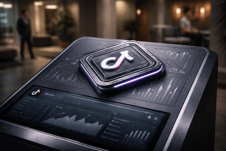 A photorealistic medium-wide cinematic shot, camera positioned approximately 1–2 meters from the subject, capturing a physical 3D isometric TikTok Analytics emblem as the refined real-world hero object: a shallow isometric sculpture made of layered matte-black metal and frosted acrylic, the official TikTok logo mark (symbol only, no text) inset at the center of the badge, embedded into the angled top surface of a modern self-service kiosk touchscreen terminal; the kiosk surface includes finely engraved miniature isometric charts and subtle tactile ridges to read from 1–2 meters, and the kiosk touchscreen shows a realistic analytics UI with the TikTok logo as a small app icon in the corner (logo placement natural and unobtrusive). The object integrates subtle electric-purple accents (#7B63FF) as thin LED rim lighting, fine illuminated data lines and soft edge glow indicating intelligence/activity without overpowering realism. Set in a modern indoor self-service kiosk environment in a tech-corporate lobby — a believable lived-in space with polished concrete floor, matte wood accents, scattered contemporary seating and two diverse professionals in the background (one standing, one seated) in candid neutral poses, secondary to the main object. Lighting is low-key and practical — kiosk screen and nearby pendant lamps provide warm fill, balanced by a soft integrated white spotlight from above at a 30° side angle that gently reveals form, texture, and depth; subtle screen backlight creates a delicate rim highlight. Color palette: neutral corporate tones (charcoal, slate, warm wood) with restrained neon accents and primary electric purple #7B63FF. Camera and framing: medium-wide, 35mm photographic look, natural shallow-to-medium depth of field, focus on the emblem and kiosk surface with background softly bokeh. Materials and detail: premium brushed metal, tempered glass, frosted acrylic, ultra-detailed textures, realistic micro-scratches and natural fingerprints allowed for authenticity. Level of realism: cinematic photographic realism with subtle Tech-Noir influence. Constraints: no captions, no text overlays, no watermarks, logos integrated realistically (no floating logos, no excessive glow), photorealistic rendering, ultra-detailed, 8K.