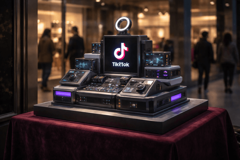 A photorealistic medium-wide cinematic shot, camera positioned approximately 1–2 meters from the subject, capturing a refined real-world hero object: a tabletop-scale physical 3D isometric sculpture that concretely represents "TikTok Marketing" — a polished, 40–60 cm command-center model built from stacked isometric acrylic blocks, brushed aluminum consoles, matte black polymer panels, smoked-glass micro-screens and tactile knobs; one integrated powered OLED mini-screen displays the official TikTok logo realistically embedded on a console (logo placed on a device screen/metal plaque, not floating or overpowering), subtle status LEDs and ports indicate activity. The sculpture sits centered on a deep burgundy velvet pedestal inside an upscale retail storefront window display on a city street at dusk, with soft reflections on the glass, tasteful window framing, and a few diverse, candid shoppers and passersby in the background and periphery (out-of-focus), suggesting a lived-in urban retail context. Visual style: cinematic photographic realism with Tech‑Noir influence — low-key ambient, practical light sources (warm tungsten window spotlights, cool shop LED strips), plus restrained electric-purple accents (#7B63FF) as thin LED rim-lights and subtle glow inside vents to indicate intelligence without overpowering realism. Lighting includes a soft integrated white spotlight from above/side to reveal form, texture and depth, gentle rim light to separate edges, and realistic window reflections. Camera and framing: medium-wide composition, 35mm–50mm photographic look, slight low-angle to emphasize presence, natural shallow-to-medium depth of field (sculpture tack-sharp, background softly blurred). Color palette: neutral corporate tones (charcoal, brushed metal, warm burgundy velvet) with restrained neon accents (electric purple #7B63FF, cool cyan highlights). Level of realism: photorealistic, ultra-detailed materials (visible seam lines, brushed metal grain, acrylic edge glow, velvet fiber texture), believable scale and weight, no surreal floating elements. Constraints: no captions, no text overlays on final image, no watermarks, no floating or excessively glowing logos, keep composition brand-safe and realistic. Cinematic realism, natural depth of field, premium materials, ultra-detailed, 8K.