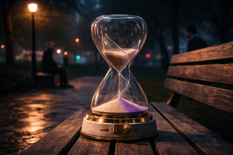 A photorealistic medium-wide cinematic shot, camera positioned approximately 1–2 meters from the subject, capturing a refined, physically plausible hero object: a tabletop-size sculptural hourglass (approx. 45–55 cm tall) crafted from blown glass with a precisely engraved exponential decay curve on the inner surface, mounted on a solid polished-brass and matte concrete base; the sand is realistic fine-grain with neutral beige tones and a subtle concentration of electric purple (#7B63FF) grains pooling near the lower bulb to indicate recent interactions, plus a small integrated mechanical half-life control — a knurled brass slider and dial set into the base (tactile, no text or displays). The object reads clearly at 1–2 meters, with sharp form, visible engraving details and realistic material reflections. The object integrates subtle electric-purple accents as light and fine sand particles — intelligent but understated, no glowing logos. Set on an aged oak-and-wrought-iron park bench in an urban park at twilight, minimalistic surroundings: damp cobblestone path, a soft gradient twilight sky and a single warm streetlamp nearby; Tech‑Noir influence appears through restrained neon reflections on wet surfaces and metallic edges. Natural human presence in the background and periphery — two diverse professionals, candid and out of focus, one seated with a closed laptop on their knee and another walking past — realistic, non-identifiable, secondary to the object. Lighting is low-key and practical: warm streetlamp ambient, soft integrated white spotlight from the upper-left gently revealing glass curvature and brass texture, subtle electric-purple rim light to emphasize the engraved curve. Cinematic realism: 35mm/50mm photographic look, medium-wide framing, shallow-to-medium depth of field, natural bokeh, premium materials, ultra-detailed surface texture, photoreal 8K, no captions, no text overlays, no watermarks.