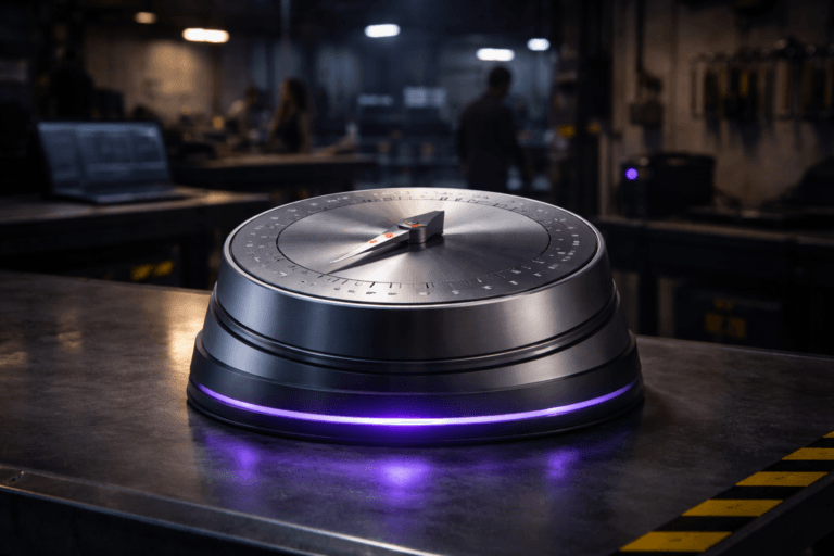 A photorealistic medium-wide cinematic shot, camera positioned approximately 1–2 meters from the subject, capturing a refined real-world hero object: a tabletop industrial "Time to First Value" sculpture — a physically plausible, functional kitchen-style mechanical timer reimagined as a polished isometric 3D sculpture. The object is ~25 cm diameter, made of brushed anodized aluminum and matte polymer, built from stacked isometric geometric layers with crisp chamfers, a large tactile metal dial with engraved minute markers, an inset analog needle and a thin LED status ring at the base that pulses a subtle Electric Purple (#7B63FF) to indicate activity. All markings are engraved or molded (no text overlays), textures ultra-detailed and readable from 1–2 meters. The object integrates subtle electric-purple accents indicating intelligence or activity without overpowering realism. Set in an optimized real-world Tech-Noir environment: a polished factory concrete floor with yellow safety stripes, low industrial workbench and equipment racks in the midground, a laptop on a nearby bench showing a blurred product dashboard, and practical workshop elements (tool hooks, cables, soft hazard signage) that root the scene in reality. Natural human presence in the background/periphery: 2–3 diverse technicians/engineers in neutral, candid postures (no identifiable faces, professional workwear), secondary to the main object. Lighting is low-key and controlled: cool ambient tungsten from overhead industrial pendants, practical laptop and equipment LEDs, subtle violet LED accents echoing the Electric Purple ring, plus a soft integrated white spotlight from above-left that sculpts form and reveals metal texture and layer separation. Camera: medium-wide framing, 35mm cinematic look, hip-to-table height, shallow-to-medium depth of field (main object sharp, background softly defocused). Color palette: neutral corporate grays, steel and concrete tones, restrained warm highlights, with restrained Electric Purple #7B63FF accents. Style: cinematic photographic realism with subtle Tech-Noir influence, premium materials, believable scale and weight, no text, no captions, no watermarks, photorealistic, ultra-detailed, 8K.