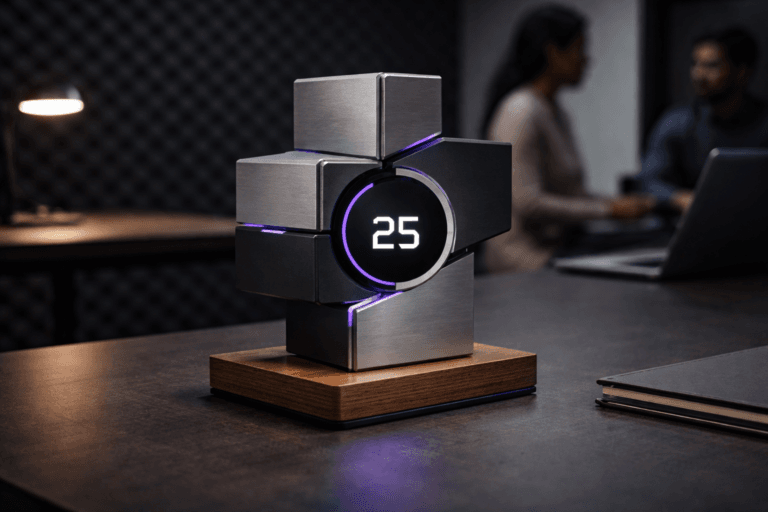 A photorealistic medium-wide cinematic shot, camera positioned approximately 1–2 meters from the subject, capturing a refined real-world hero object: a physical "Time on Task" desk sculpture — a 25–30 cm tall, isometric 3D stacked-modules sculpture that reads instantly as a real object (precision mechanical-digital hybrid timer embedded into three interlocking isometric blocks). Materials: brushed anodized aluminum faces, matte black acrylic sides, warm oak base, and a subtle frosted diffuser ring for a circular digital minute-counter; small recessed electric-purple LED accents (hex #7B63FF) indicate activity but remain restrained. The sculpture sits on a low-profile matte table, clearly readable and legible from a 1–2 meter viewing distance. The object integrates subtle electric-purple accents indicating intelligence or activity without overpowering realism. Set in a modern Tech-Noir small corporate focus room / product studio with a dark charcoal egg-crate acoustic foam wall (realistic egg-crate texture) behind the subject, a low meeting table, a closed laptop with a dim bluish screen and a soft practical desk lamp to the side; two diverse professionals (casual-business attire) are visible in the background, candid and naturally posed, slightly out of focus and secondary to the sculpture. Lighting is low-key and practical, complemented by a soft integrated white spotlight from above and a cool side fill, with restrained electric-purple rim light to reinforce the accent color, gently revealing form, texture, and depth. Camera: 35mm photographic look, medium-wide framing, slight 10–15° top-down angle to emphasize isometric geometry, natural shallow-to-medium depth of field (sculpture tack-sharp, background softly blurred). Composition: sculpture centered-left in frame, negative space on right for editorial use, visible hand-scale reference (a notebook corner) to confirm real-world scale. Color palette: neutral corporate tones (charcoal, slate, warm wood) with subtle neon accents (electric purple #7B63FF, cool cyan fill). Style: cinematic photorealism with subtle Tech-Noir influence, ultra-detailed surface microtexture, realistic reflections, soft specular highlights, accurate shadowing. Rendering: photorealistic, ultra-detailed, premium materials, 8K. Constraints: no text, no captions, no watermarks, no floating or glowing logos, no surreal or impossible geometry, humans de-identified and non-celebrity.