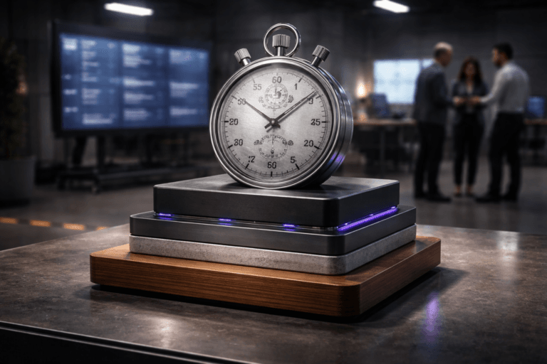A photorealistic medium-wide cinematic shot, camera positioned approximately 1–2 meters from the subject, capturing a polished, physically plausible "Time to Market" hero object: a real-world tabletop chronometer sculpture — a machined brushed-aluminum mechanical stopwatch mounted into a three-tier isometric pedestal (matte black anodized aluminum, textured concrete, and warm walnut tiers) that reads instantly at 1–2 meters. The stopwatch has a clear glass face, engraved tick marks and visible mechanical hands; the isometric pedestal includes subtle carved timeline markers and tactile fasteners to communicate production stages. Integrated narrow LED accents and an inset micro-ring pulse with Electric Purple #7B63FF to indicate activity, applied only to seams and recessed elements (no floating glow). Set in a modern industrial innovation bay / factory war-room on a polished concrete floor with yellow safety stripes and faint scuff marks, with rolling monitors and a large wall dashboard visible but softly blurred (charts only, no legible text). Natural human presence in the background/periphery: three diverse professionals (product manager, engineer, operations lead), candid, neutral expressions, interacting at a distance so they remain secondary to the object. Lighting is low-key and practical: overhead industrial pendant lamps, computer and monitor glow, complemented by a soft integrated white spotlight from the side above that gently reveals form, texture and depth; subtle purple rim light from the sculpture’s LEDs for Tech‑Noir accent without overpowering realism. Camera settings: 35mm cinematic look, medium-wide framing, eye-level slightly elevated, shallow-to-medium depth of field with crisp focus on the stopwatch face and soft bokeh background. Materials and finish: hyper-detailed brushed metal, glass, anodized aluminum, concrete and wood textures, controlled specular highlights, premium product-photography polish. Cinematic realism, neutral corporate palette with restrained neon accents, ultra-detailed, 8K. No text, no captions, no logos, no watermarks, no surreal distortions.