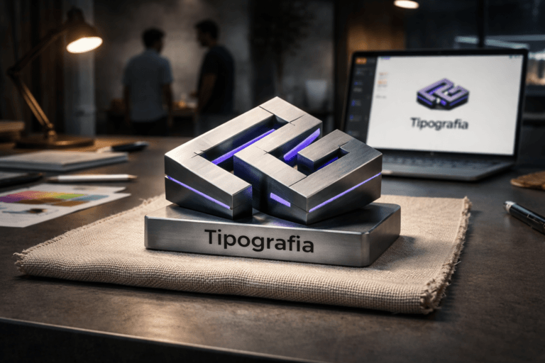 A photorealistic medium-wide cinematic shot, camera positioned approximately 1–2 meters from the subject, capturing a refined real-world hero object: a physical 3D isometric logo sculpture of the brand "Tipografia" (clearly readable, realistic, not stylized text), rendered as a tangible desk sculpture made from brushed matte aluminum and dark matte polymer with precise beveled edges and laser-etched mark; the isometric geometry reads instantly at 1–2 m and includes subtle electric-purple #7B63FF inlays recessed into grooves and edges to indicate activity—integrated and restrained, not glowing or floating. The object sits centered on a natural raw-woven linen fabric swatch (off-white, visible braided texture) placed on a modern product design studio desk. Set in a believable Tech‑Noir product-studio environment: dim, lived-in design workspace with concrete and glass background, a warm industrial task lamp to one side, a blurred laptop showing a Figma layout (logo visible on the screen in a realistic on-screen placement), soft LED strip accents, scattered design artifacts (sketches, a color swatch, a pen) that convey workflow. Human presence: two diverse designers in the background, candid posture, neutral expressions, out of focus to remain secondary. Lighting is low-key and practical—monitor glow and lamp provide ambient color, complemented by a soft integrated white spotlight from above/side that gently sculpts form, reveals texture and metallic detail, and preserves subtle purple accent reflections without overpowering realism. Composition and camera: medium-wide cinematic framing, 35mm–50mm photographic look, camera ~1.5 m from object, subject occupying the central third, natural shallow-to-medium depth of field with crisp focus on the logo sculpture and fabric texture, background softly blurred. Color palette: neutral corporate tones (warm wood, concrete greys, off-white linen) with restrained neon accents, primary accent Electric Purple #7B63FF used sparingly for inlays and subtle rim-lighting. Materials: ultra-detailed rendering of brushed metal, matte polymer, and woven linen with visible grain and microdetail. Style: photorealistic cinematic realism with subtle Tech‑Noir influence, premium product-photography finish, ultra-detailed, 8K. Constraints: no captions, no text overlays, no watermarks, no floating or exaggerated glows, logo placement must be realistic (physical model and screen), maintain brand-safe, professional aesthetic.